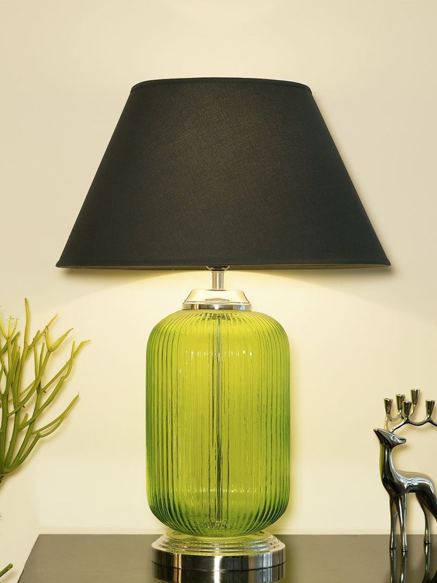 Kapoor Lamp Shades Green & Black Glass Maloto Luster Finish Cotton Shade Table Lamp