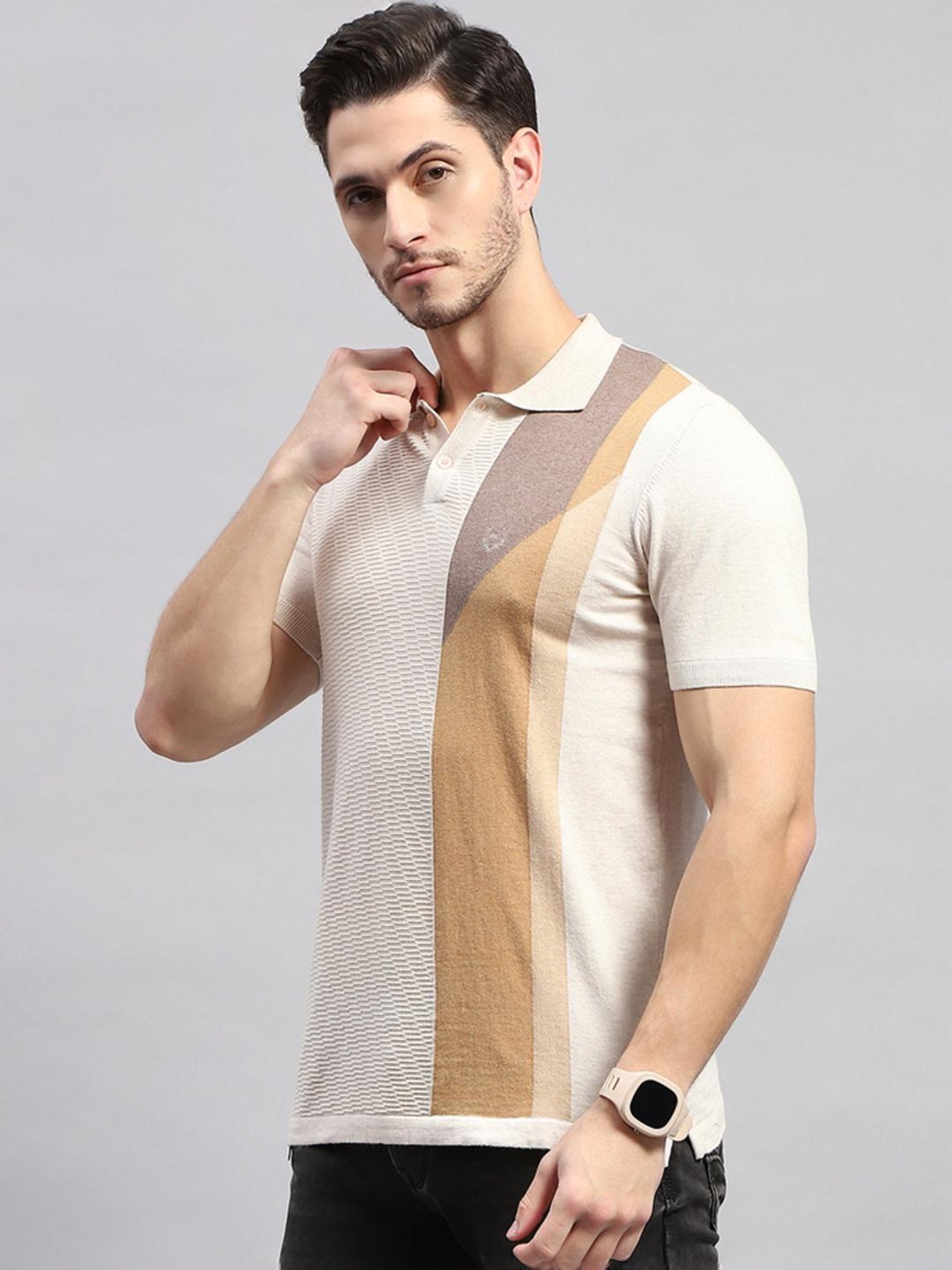 Monte Carlo Beige Cotton Regular Fit Printed Polo T-Shirt
