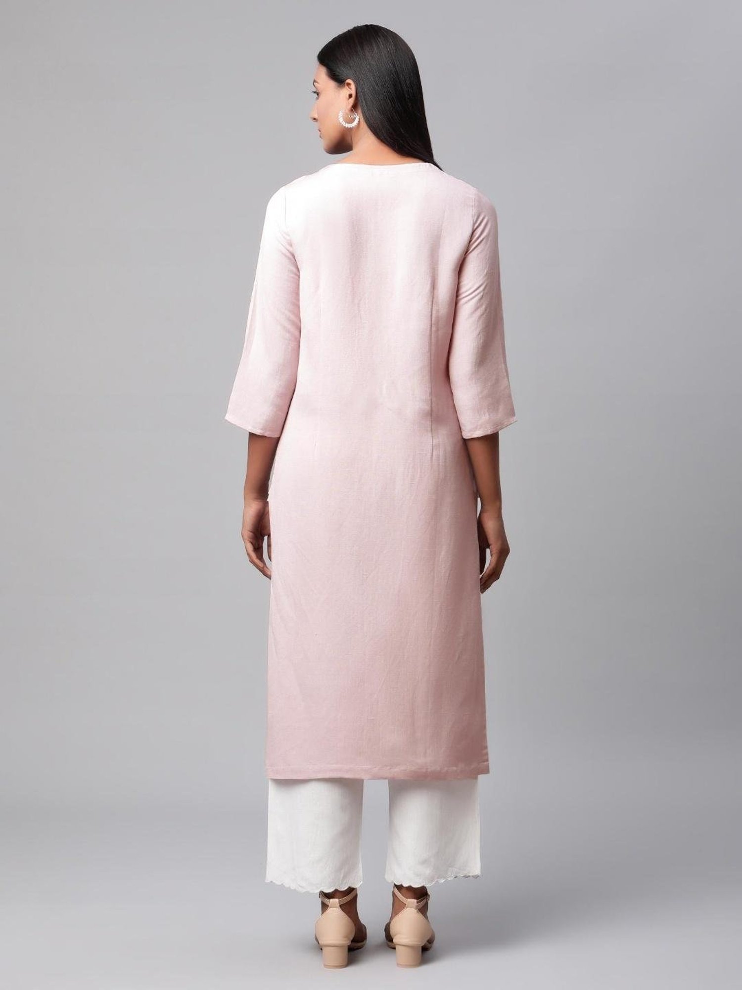 Linen Club Women Light Pink Embroidered Kurta