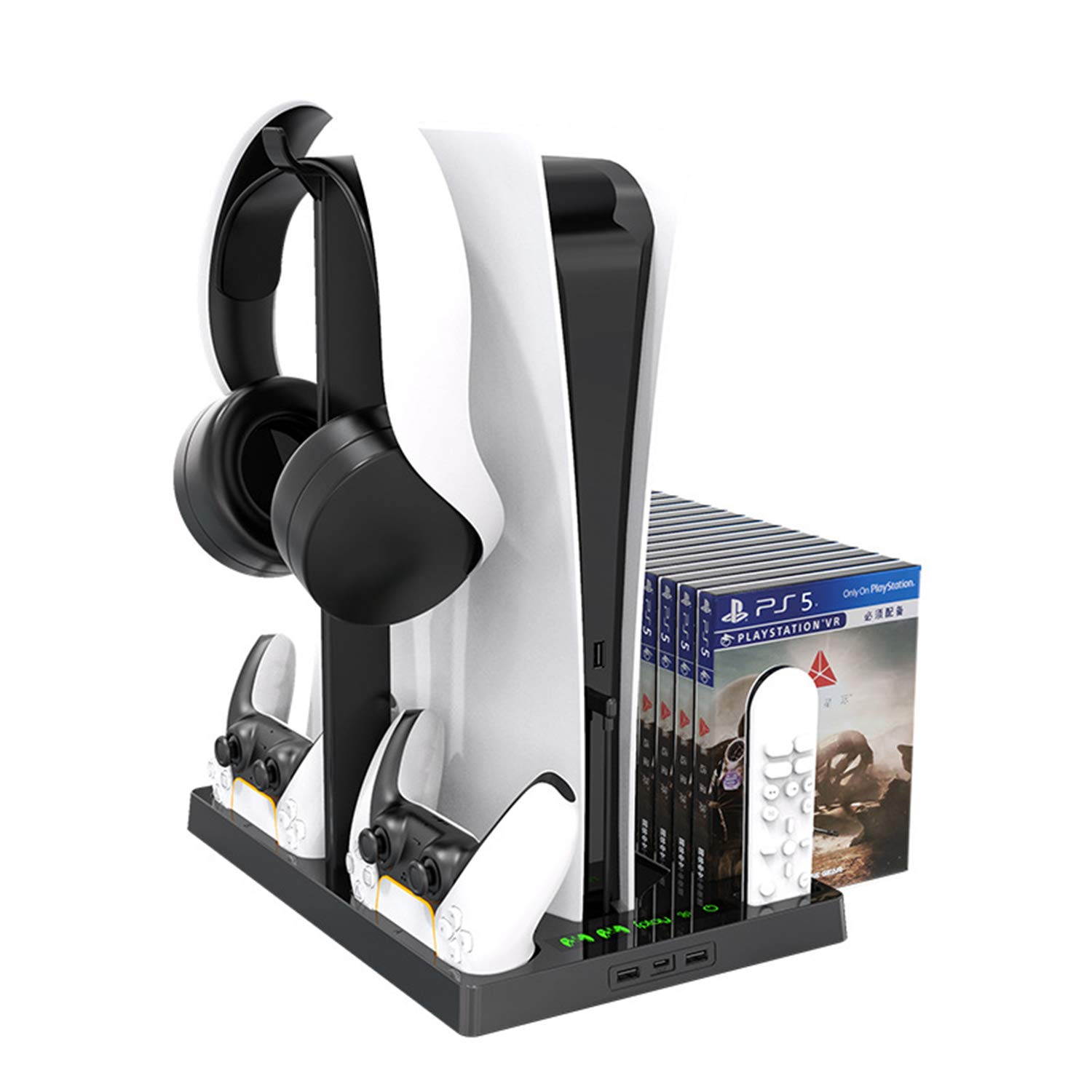 Vertical Stand with Headset Holder and Cooling Fan Base for PS5 Console & Playstation 5 Accessories, 1 Headphone Stand, 2 Controller Chargers, 15 Game Disc Slots and 1 Media Remote Organizer