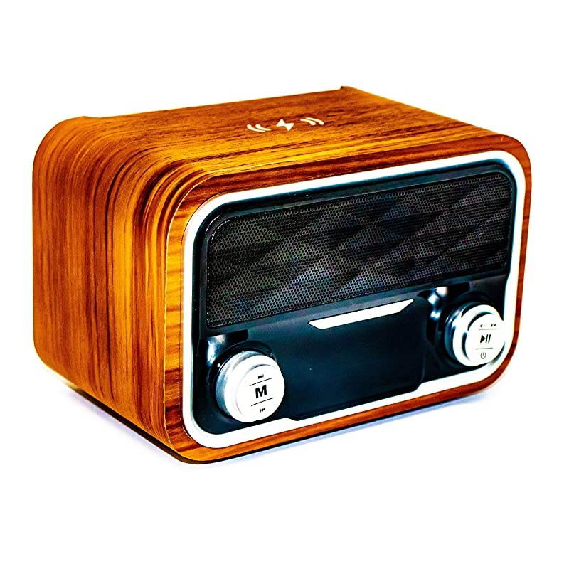 Tech Multi Station - Wireless Charger Bluetooth Clock Radio - Docking Speaker for iPhone 8, x, xs 12 and 12 Pro - Wireless Phone Charging Dock, USB, FM Radio, Bamboo Color