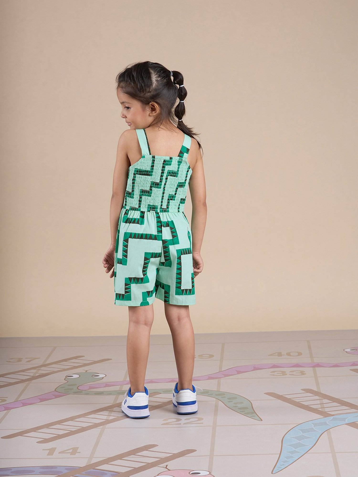 Lil Drama Kids Green Printed Jumpsuit