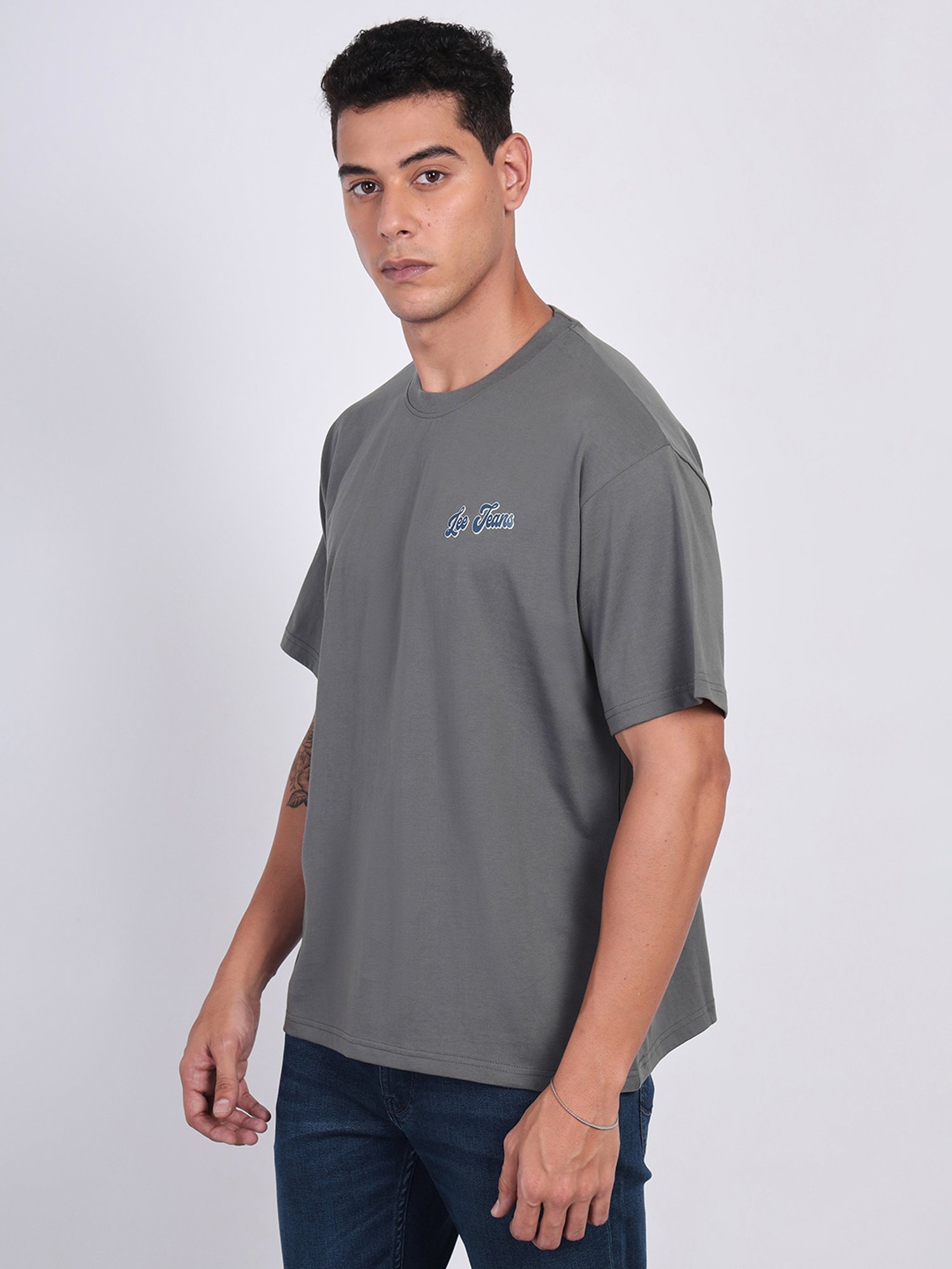 Lee Grey Loose Fit Printed Cotton Oversized Crew T-Shirt
