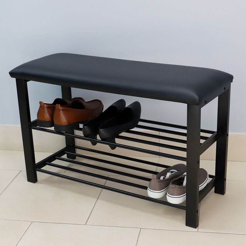 Home Basics Cushioned Storage Bench with 2 Tier Steel Shoe Rack, Black