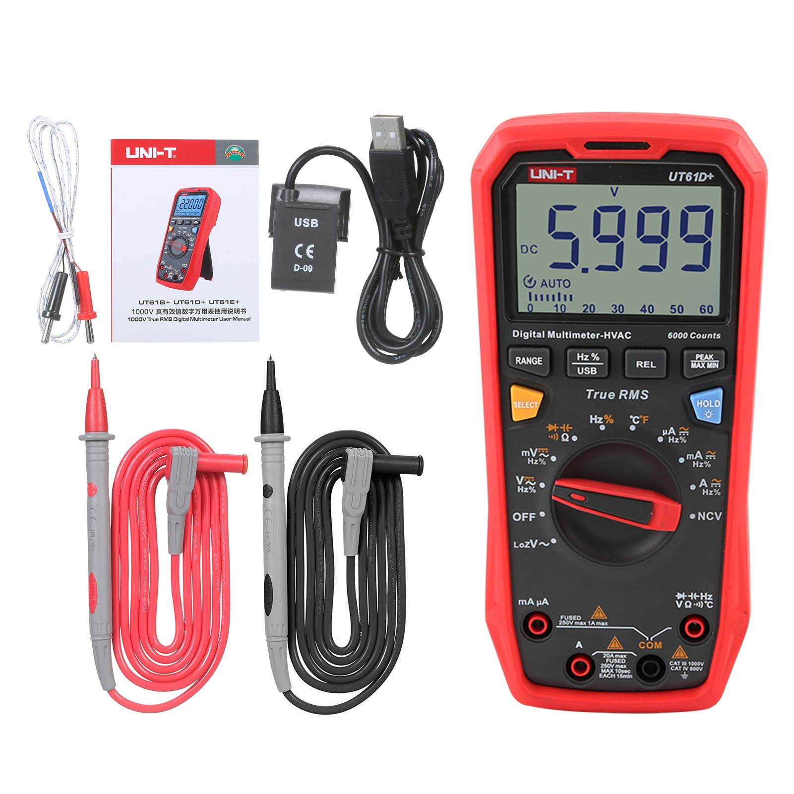 UNI-T UT61D+ Digital Multimeter Auto Range High Precision Professional NCV Tester True RMS Multimeter Multifunctional Tester Electric Measuring Instrument Support Data Transmission Temperature