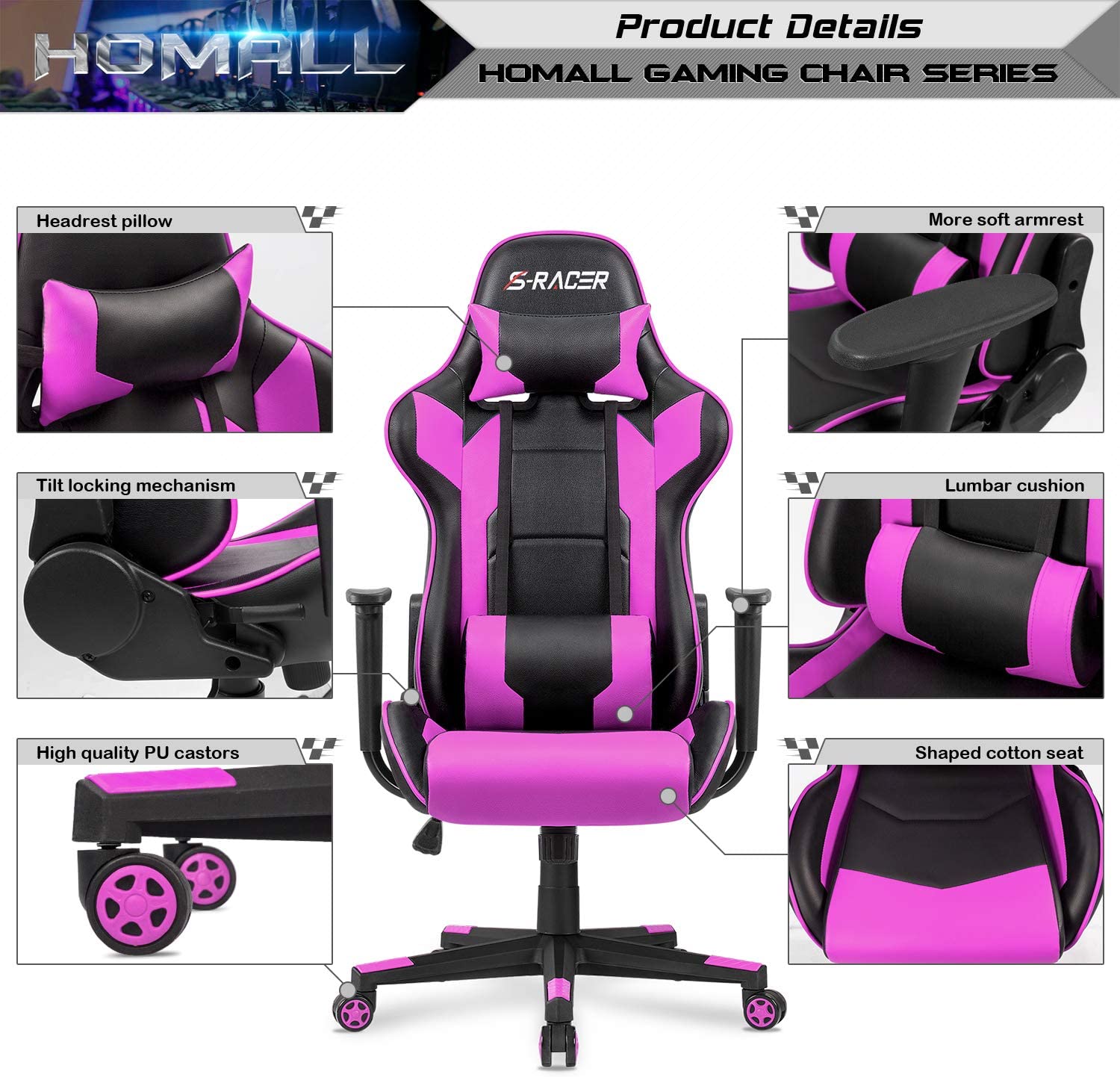 Homall Gaming Chair Office Chair High Back Computer Chair PU Leather Desk Chair Racing Executive Ergonomic Swivel Task Chair, Seat Height Adjustable, with Headrest and Lumbar Support (Blue)