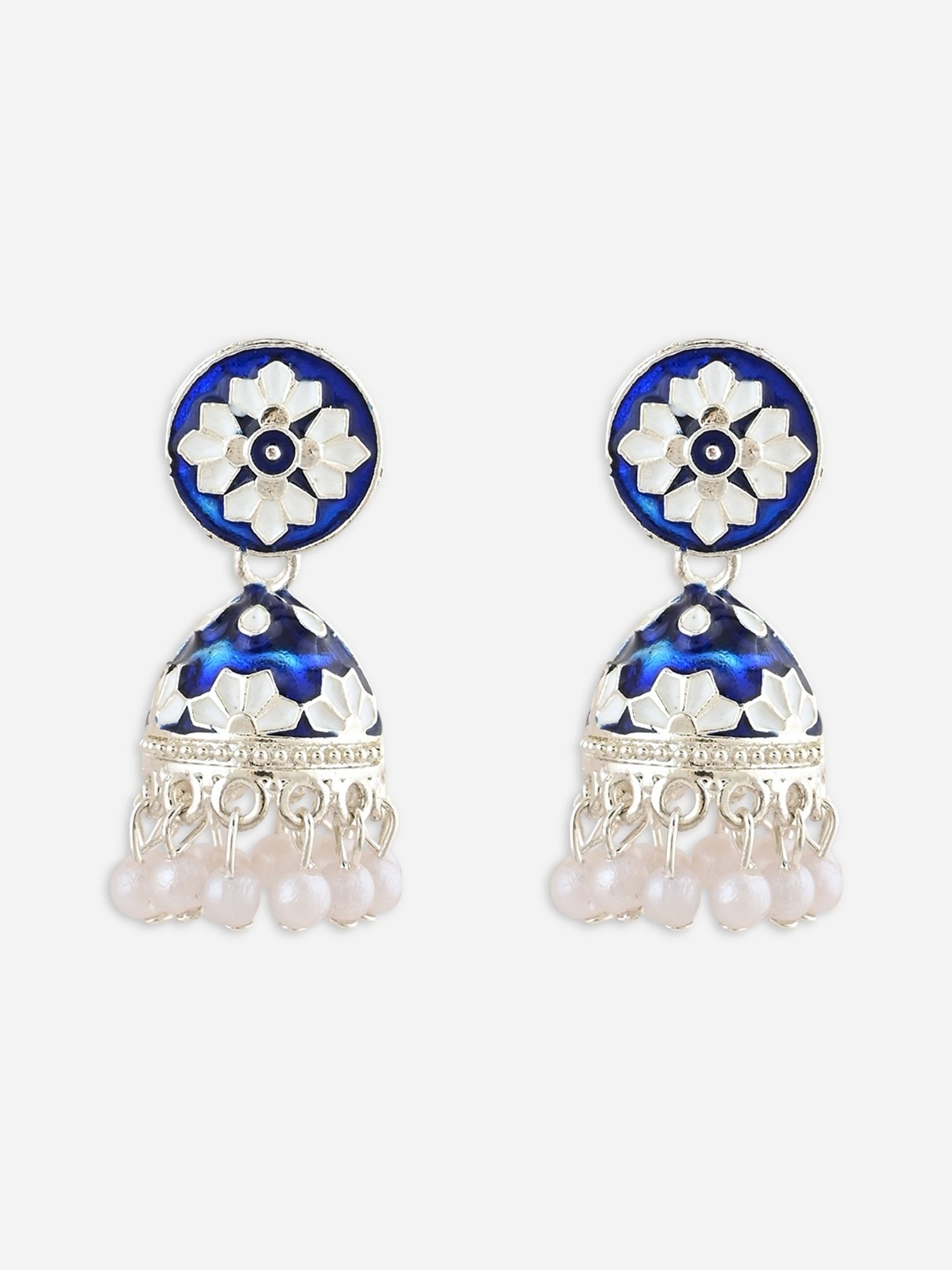 Fida Navy Blue and Silver Plated Pearl Meenakari Jhumki Earrings for Women