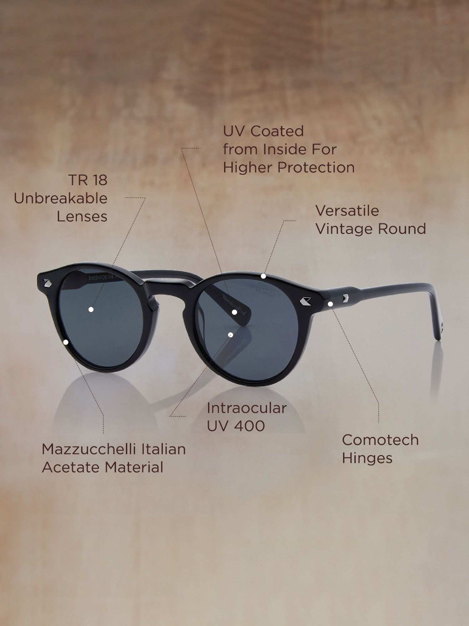 Shisen Fox Miyoko Piano Black Rectangular Unisex Polarized UV Protection Sunglasses -49 mm