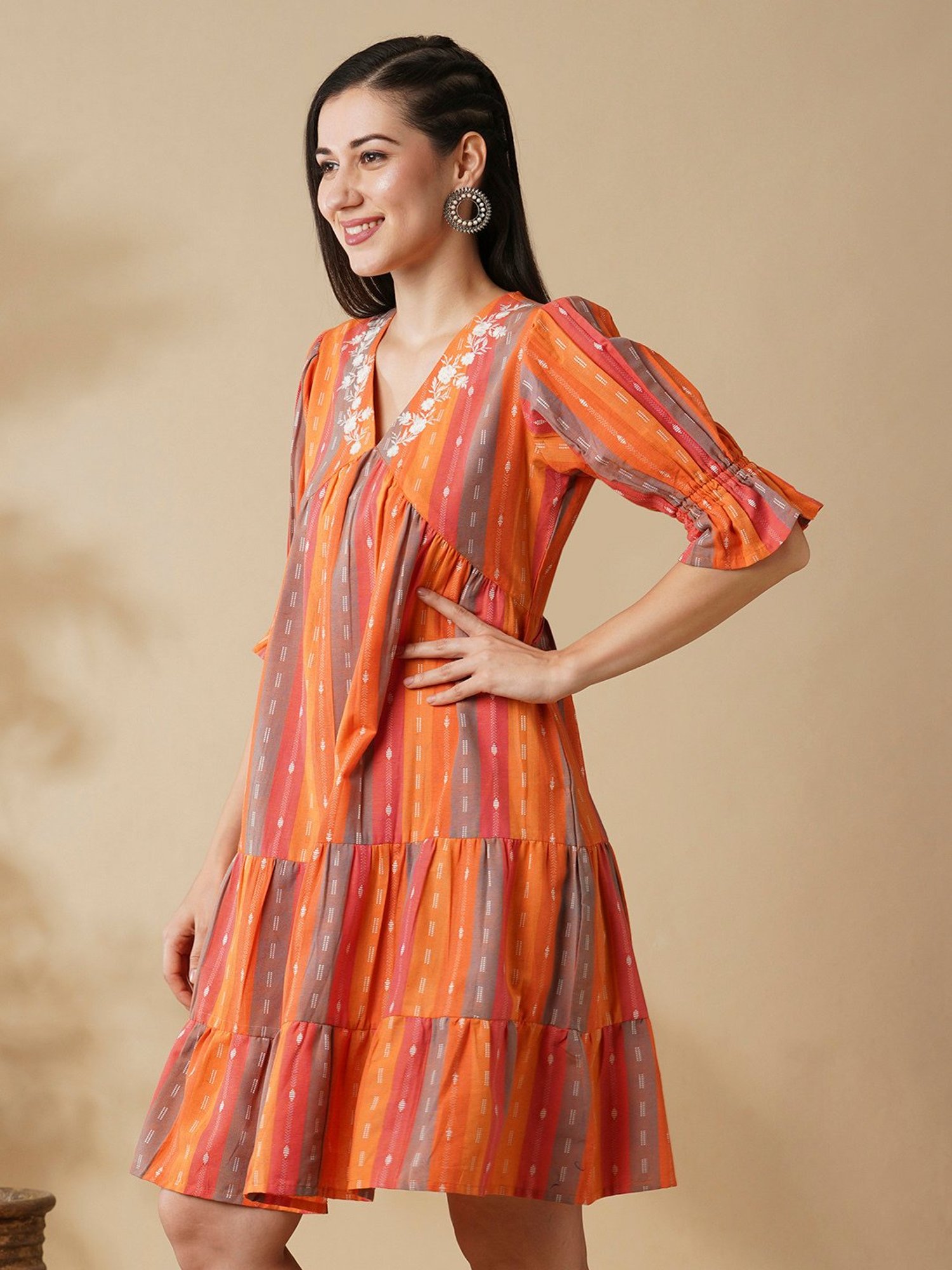 Globus Orange Cotton Embroidered A Line Dress