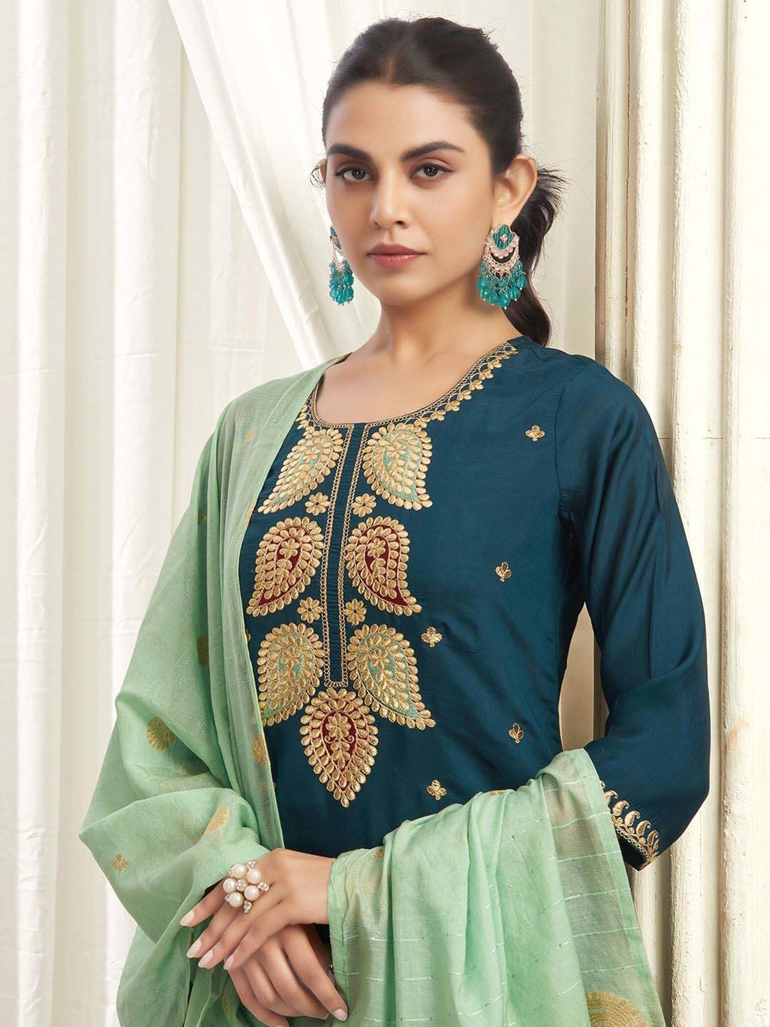 Skylee Blue Embroidered Kurta Palazzo Set With Dupatta