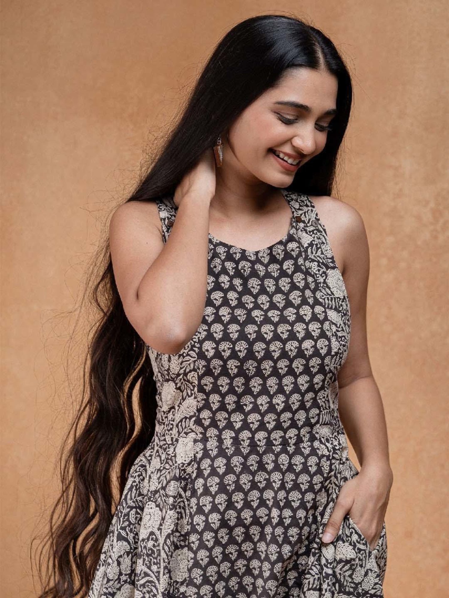 Okhai Black Floral Print Pure Cotton Ethnic Dress