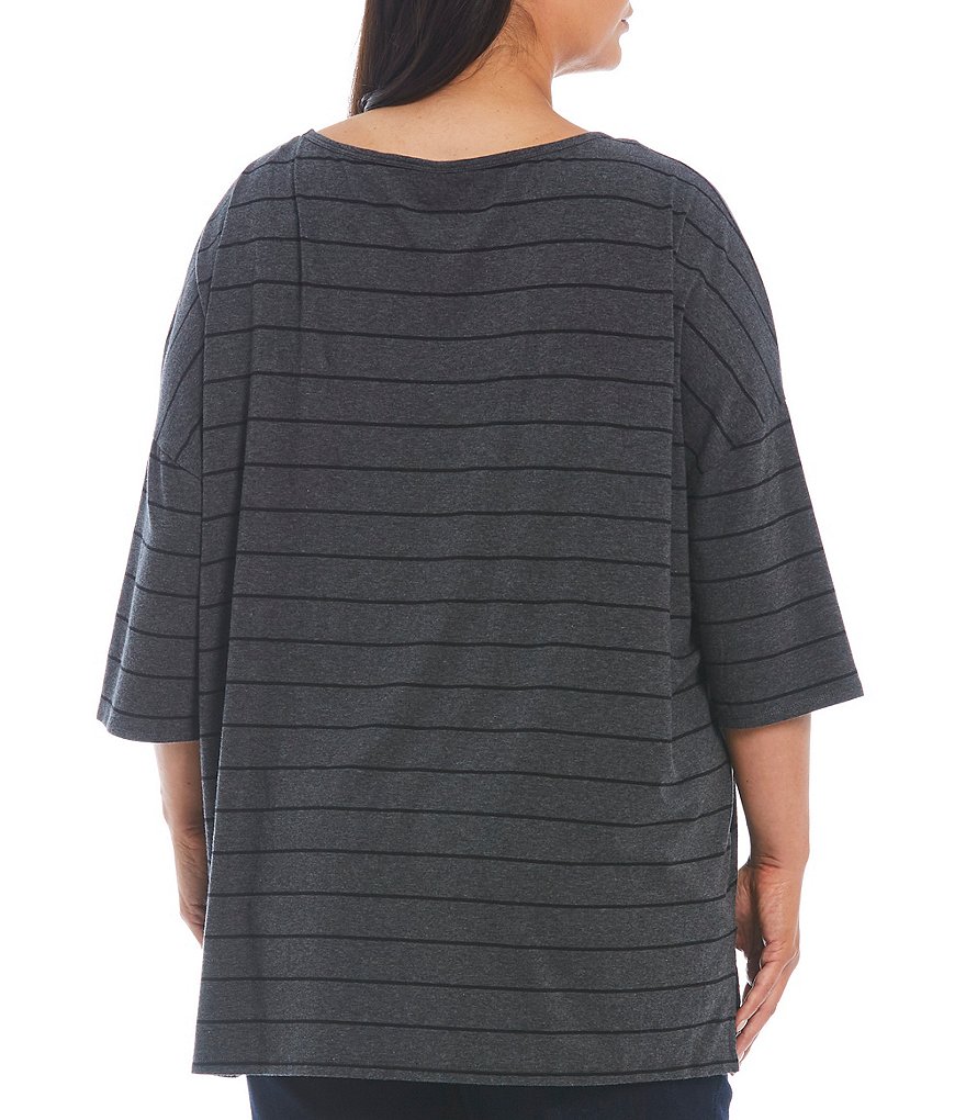Westbound Plus Size Striped Round Neck 3/4 Sleeve 1 Pocket Tee