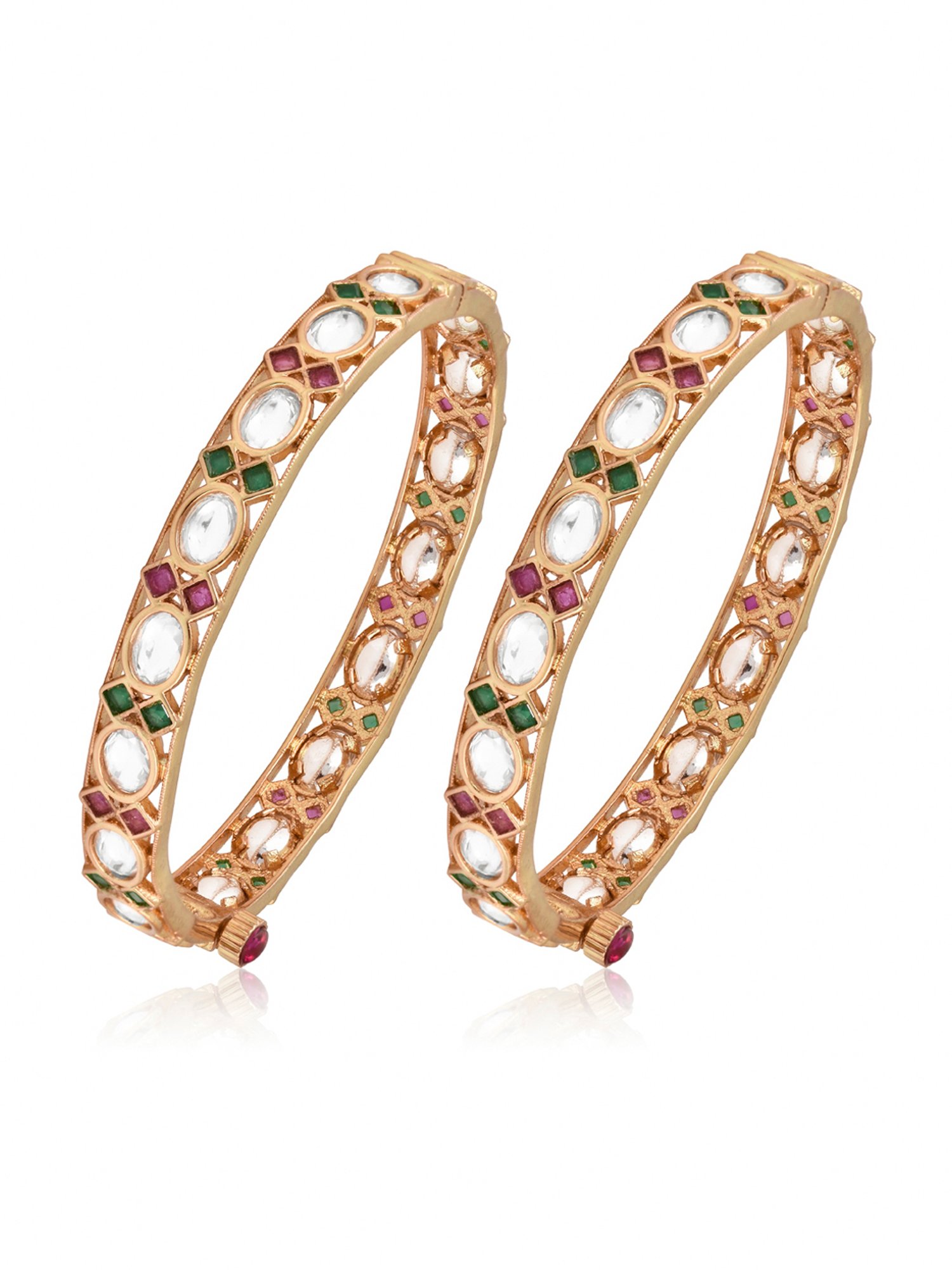 Curio Cottage Meira Red & Green Kundan Bangles for Women - Set of 2