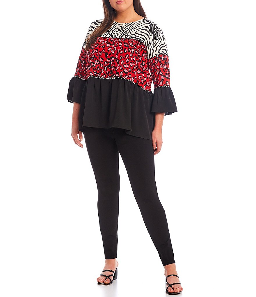 Calessa Plus Size Round Neck Tiered Patchwork Animal Print 3/4 Bell Sleeve Tunic