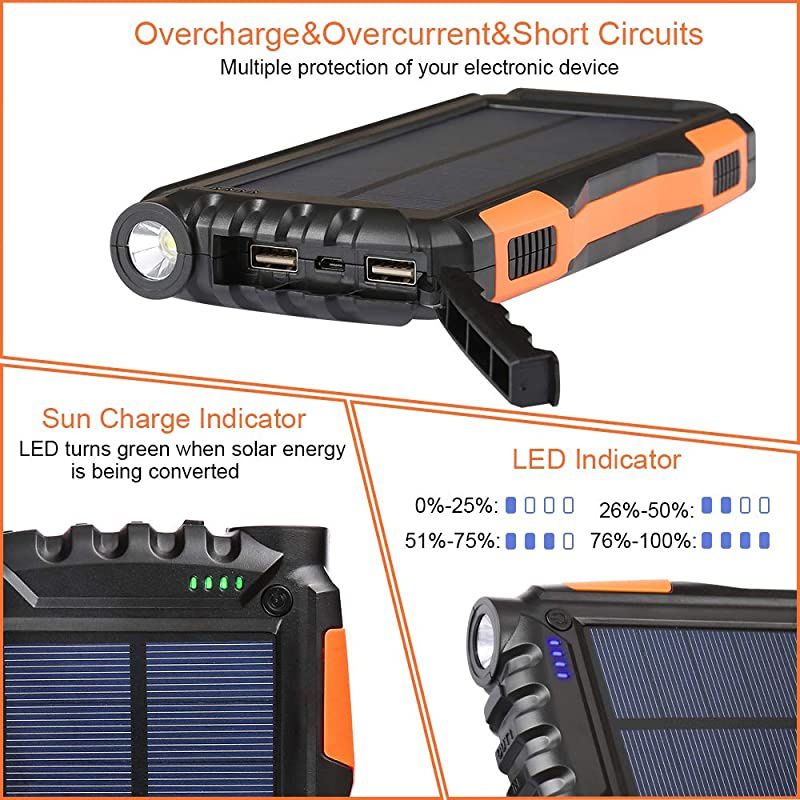 Solar Phone Charger 25000mAh Outdoor Portable Chargers with Dual 21A USB OutportSolar Power Bank External Battery Powerd Pack with Flashlight for iPhoneSamsungCampingShockDustWaterproof