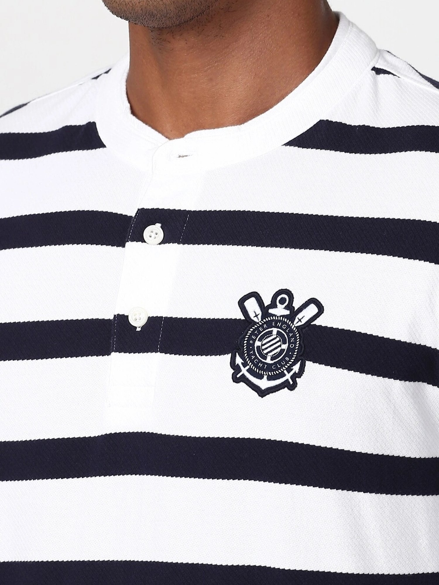 Peter England White Cotton Regular Fit Striped T-Shirt