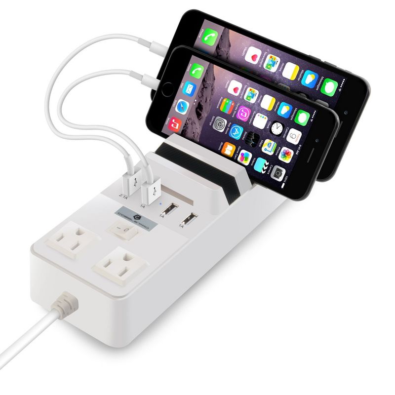 Cobble Pro 4-Port (5.1A) USB Charging Station with 2 AC Outlets Power Brick Surge Protector (Built-in Multi Device Stand