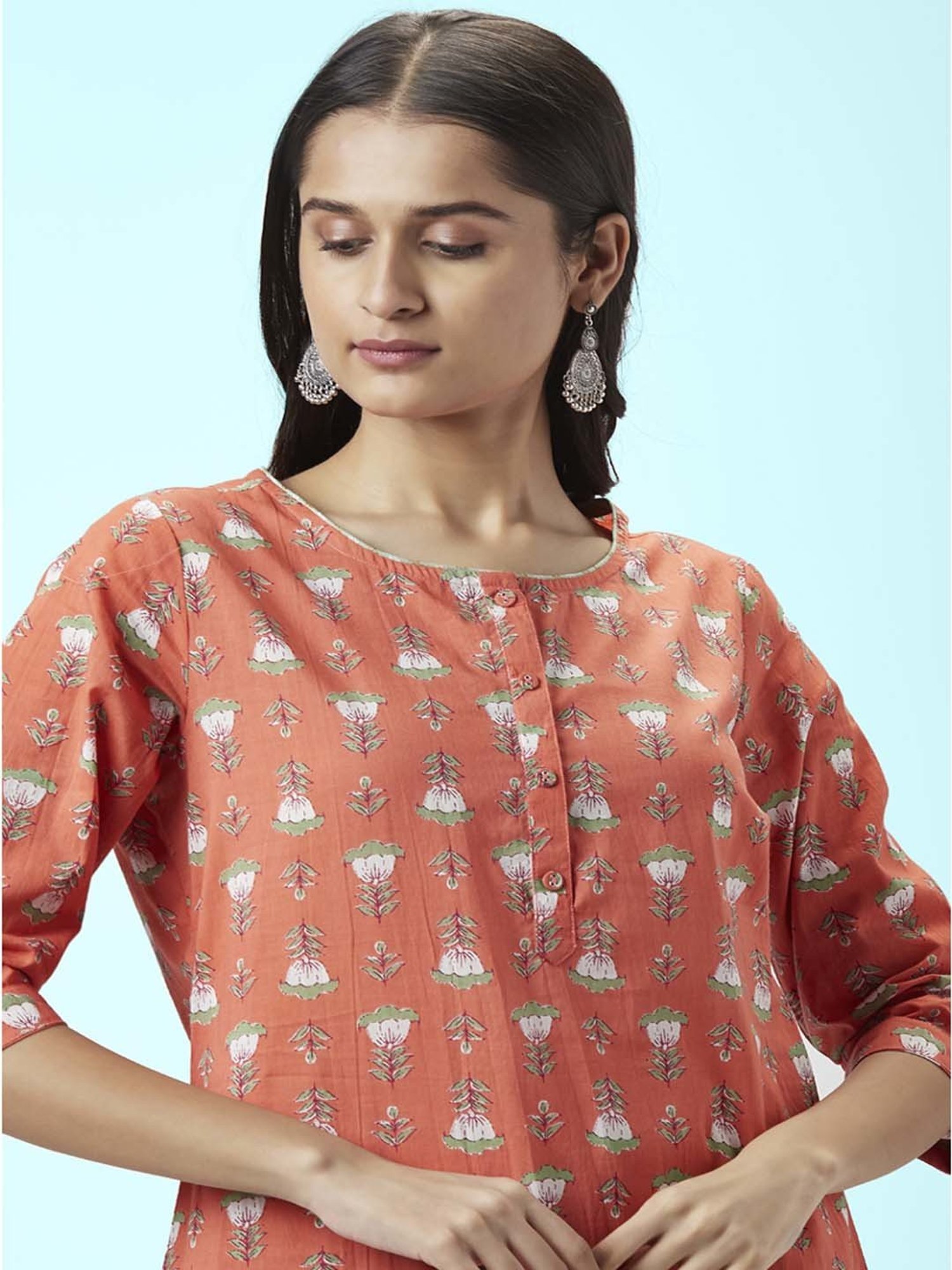 Rangmanch by Pantaloons Peach & Green Cotton Floral Print Kurta Palazzo Set