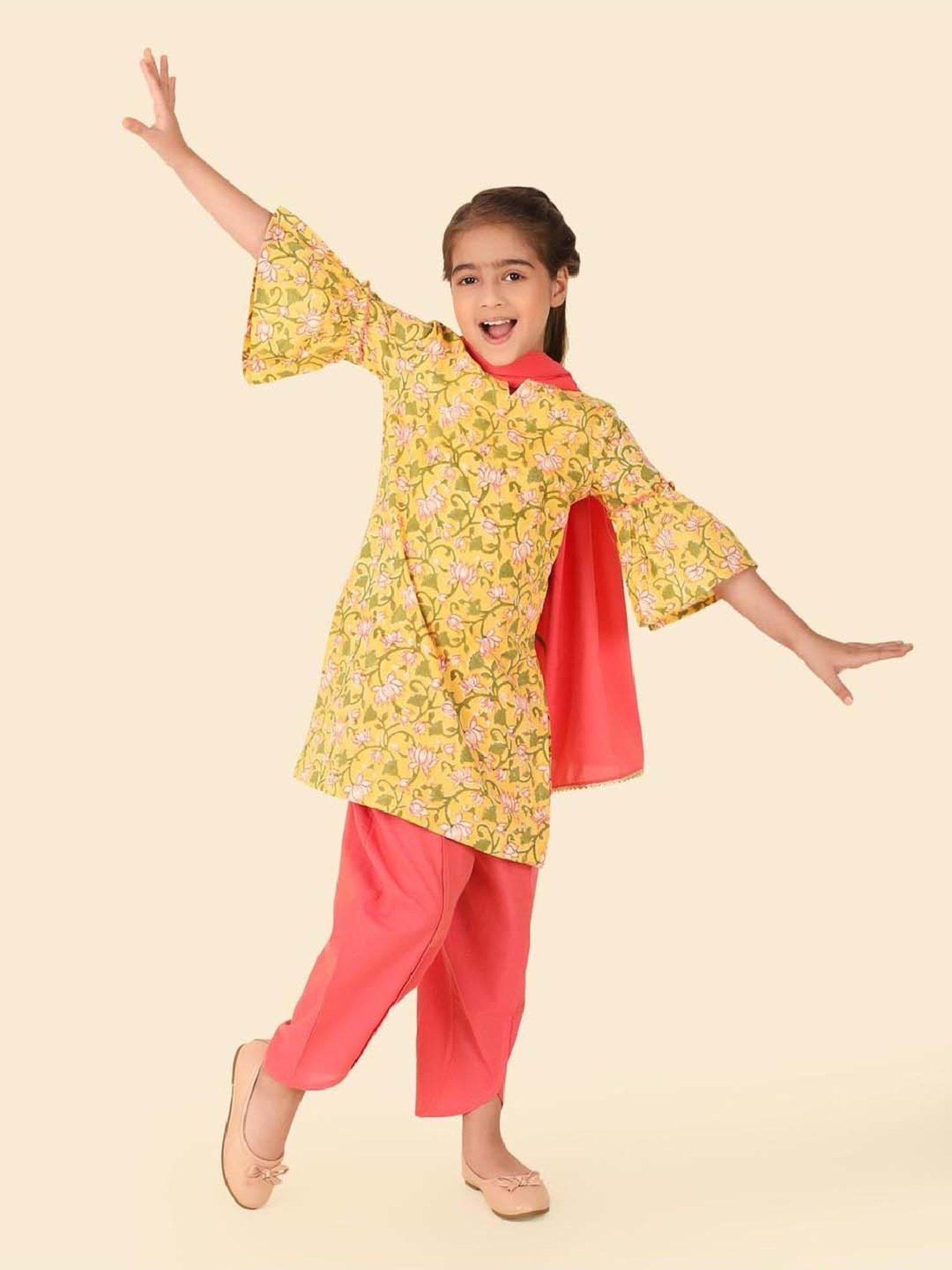 Fabindia Girls Yellow & Pink Cotton Printed Salwar Set