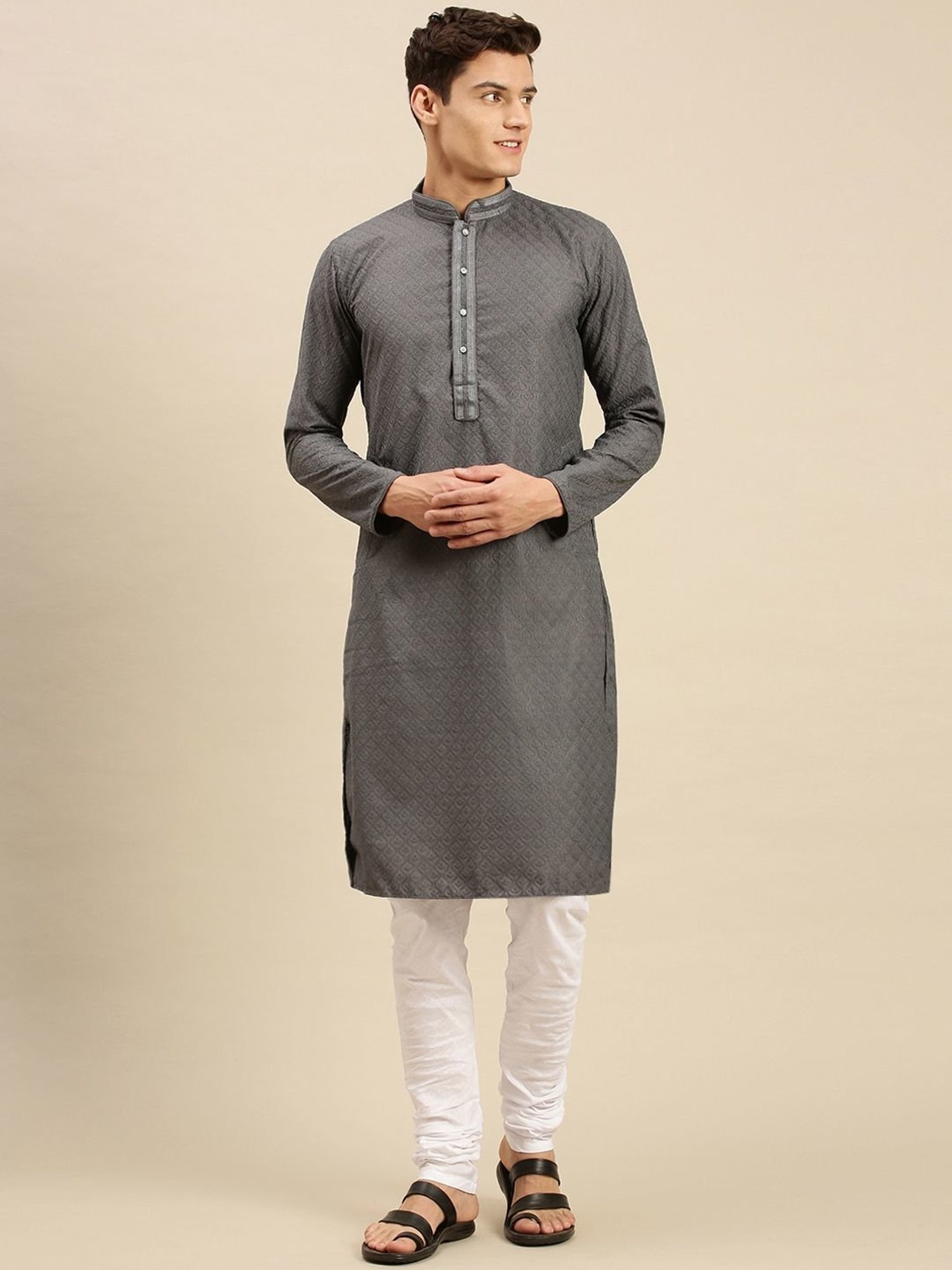 Sanwara Grey Cotton Regular Fit Embroidered Kurta Sets