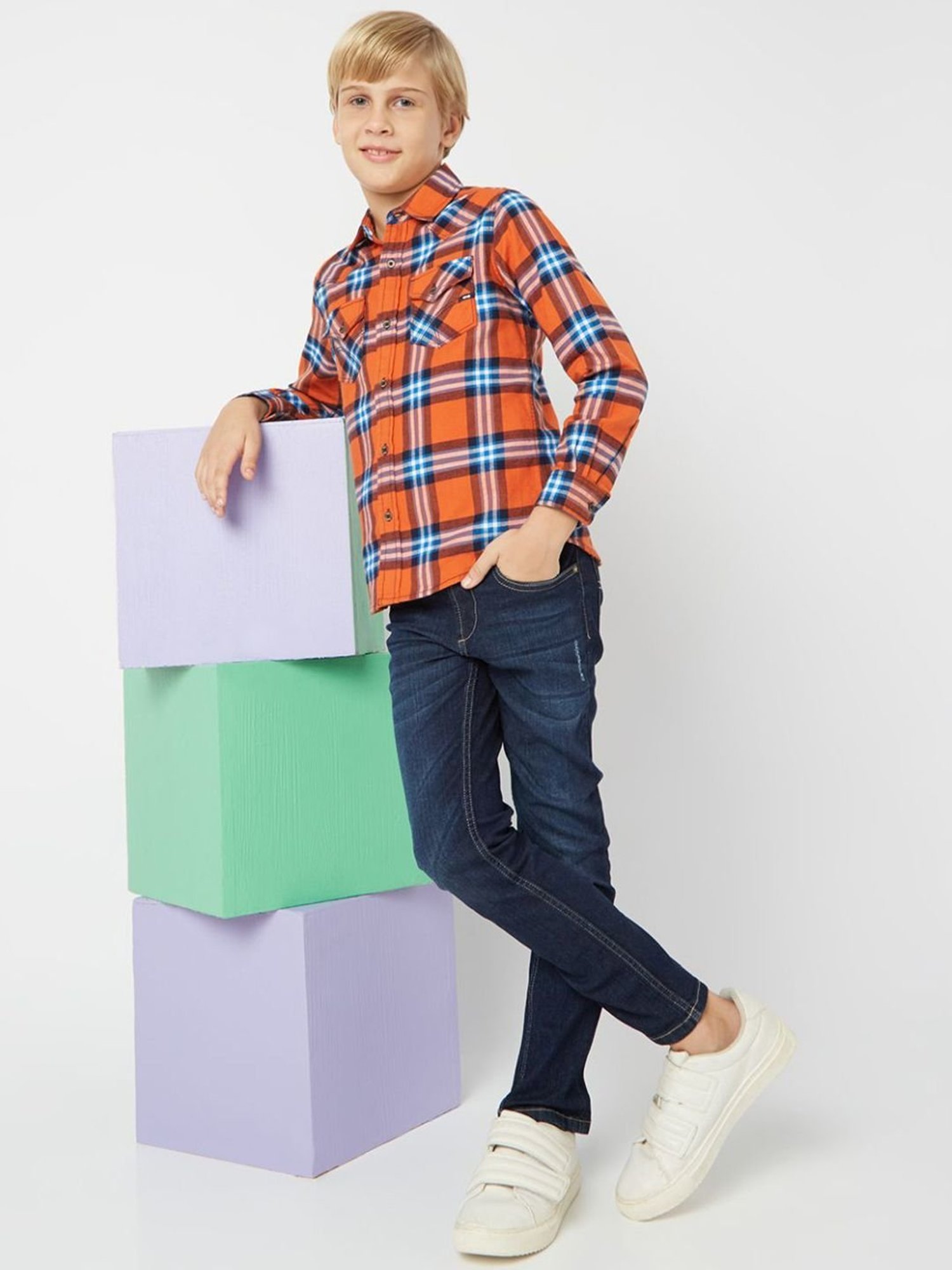 GAS Kids Orange & Blue Cotton Chequered Full Sleeves Shirt