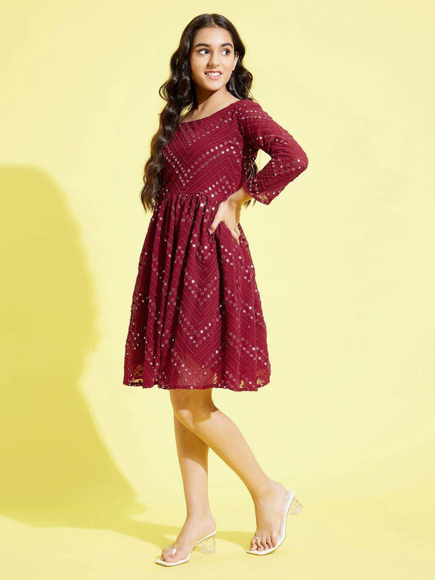 VASTRAMAY Kids Maroon Embroidery Dresses