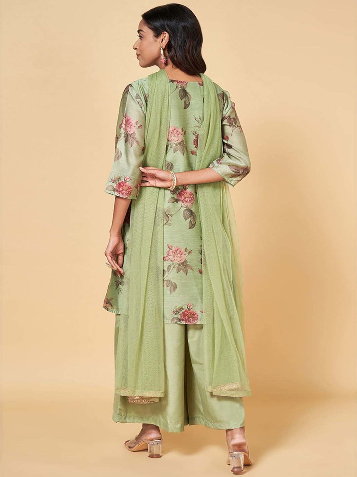 Rangmanch by Pantaloons Green Printed Kurti Palazzo Set With Dupatta