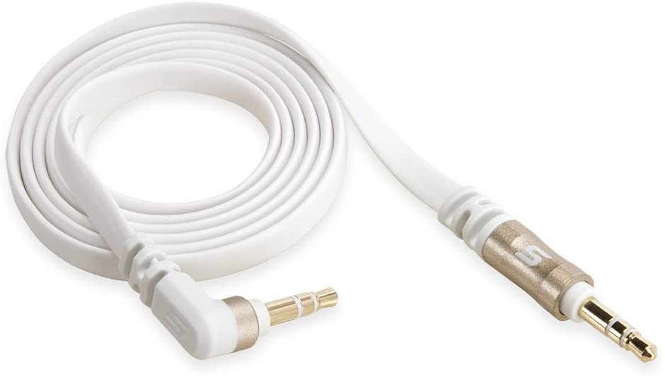 Scosche Aux 3 Feet Flatout 3.5MM Flat Auxiliary Audio Cable With 90 Degree Tip 3-FOOT In White/gold
