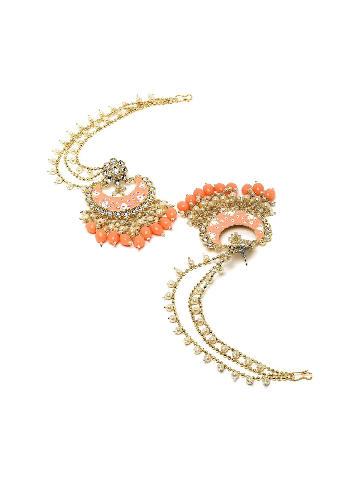 Karatcart Gold Plated Peach Meena Pearl and Tumble Studded Kundan Kaanchain Earrings for Women