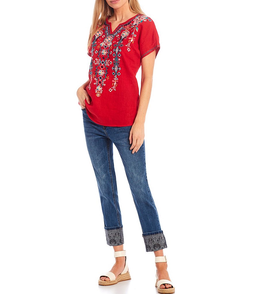 John Mark Embroidered Dolman Sleeve Split Round Neck Linen Top