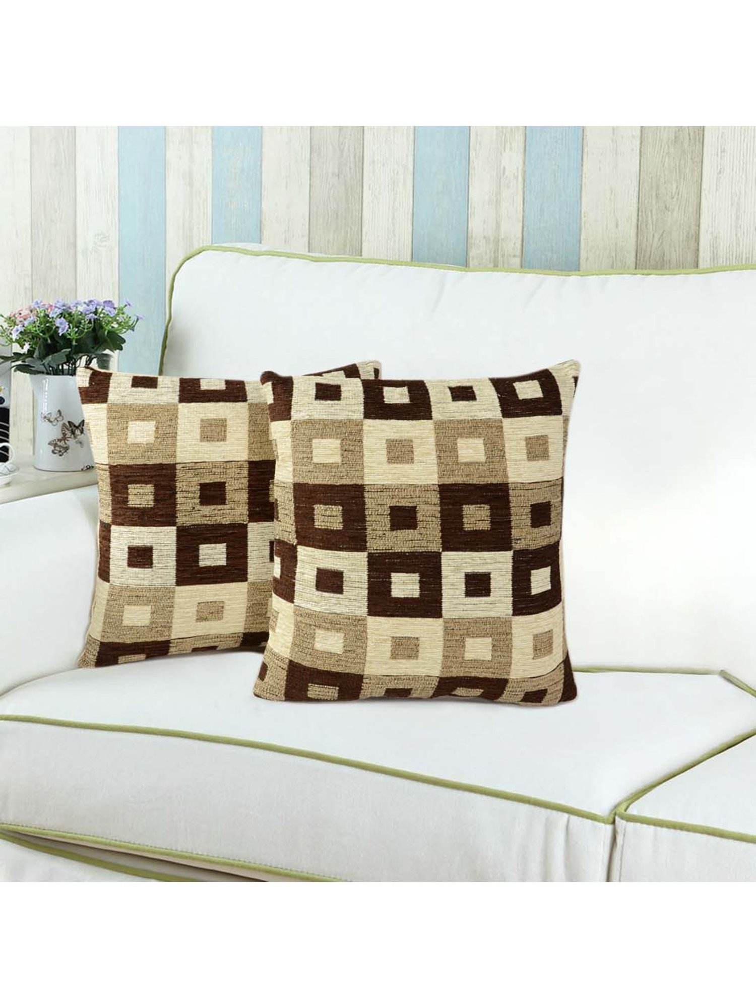 Saral Home Beige & Brown Chenille Cushion Covers - Set of 2