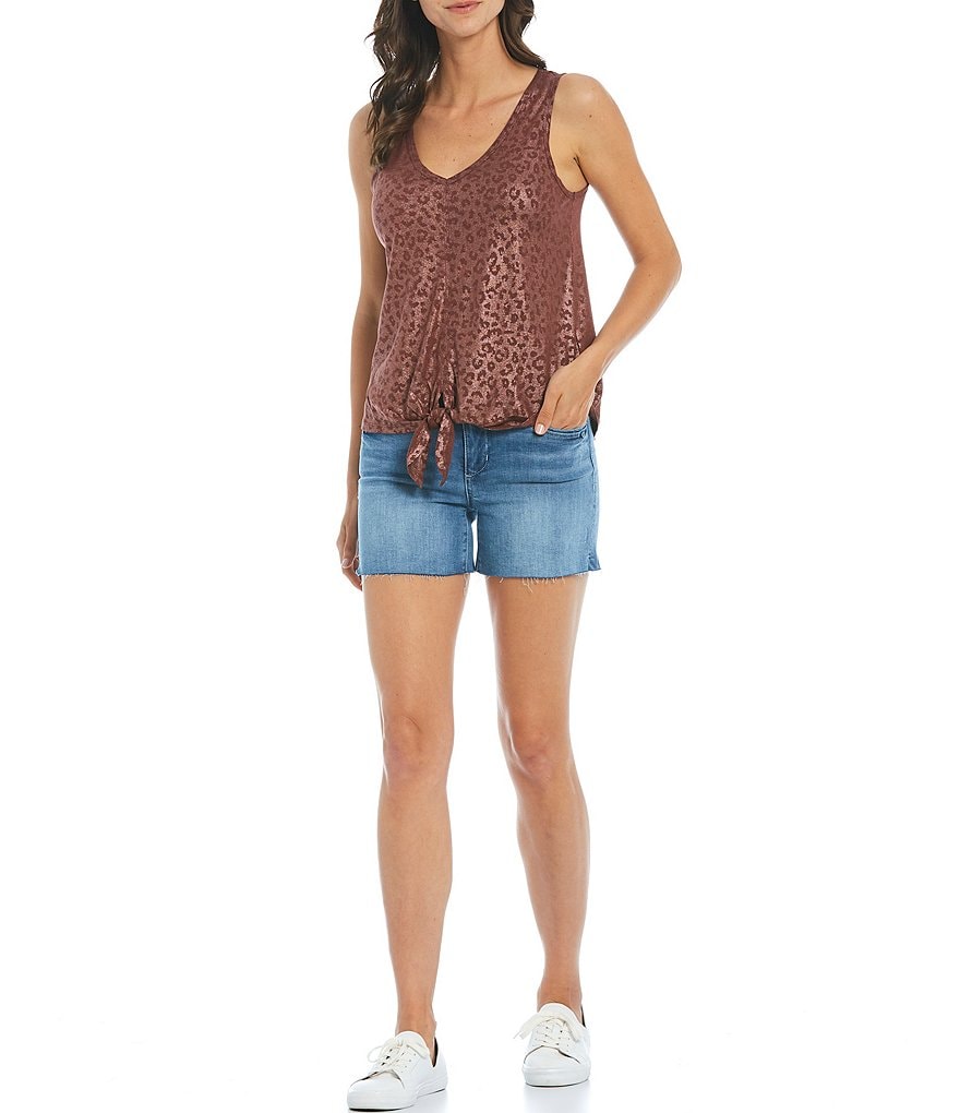 Democracy Animal Fog Foil Print V-Neck Tie-Front Hem Knit Tank