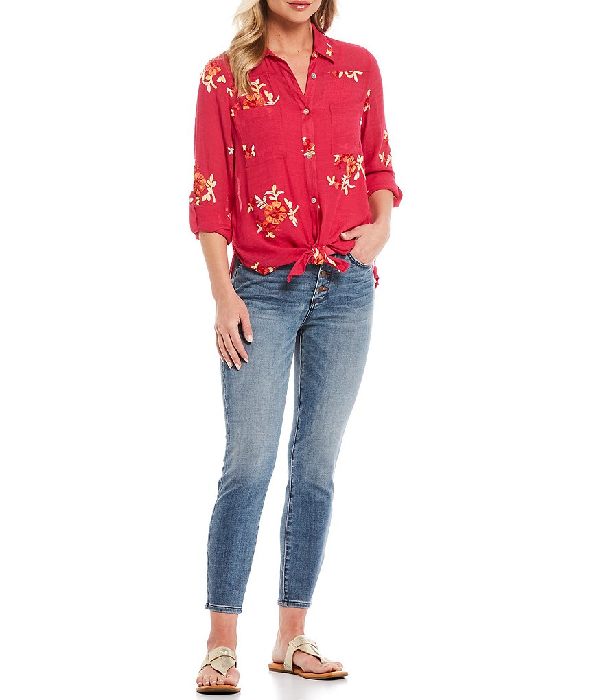 Figueroa & Flower Margo Floral Embroidery Roll-Tab Sleeve Button Down Tie-Front Shirt