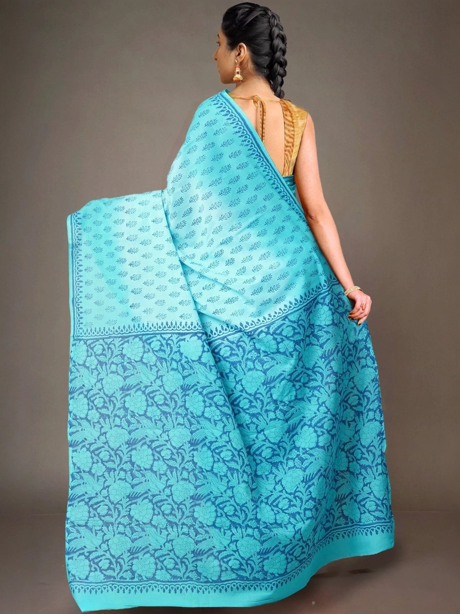 Unnati Silks Blue Cotton Printed Saree With Unstitched Blouse