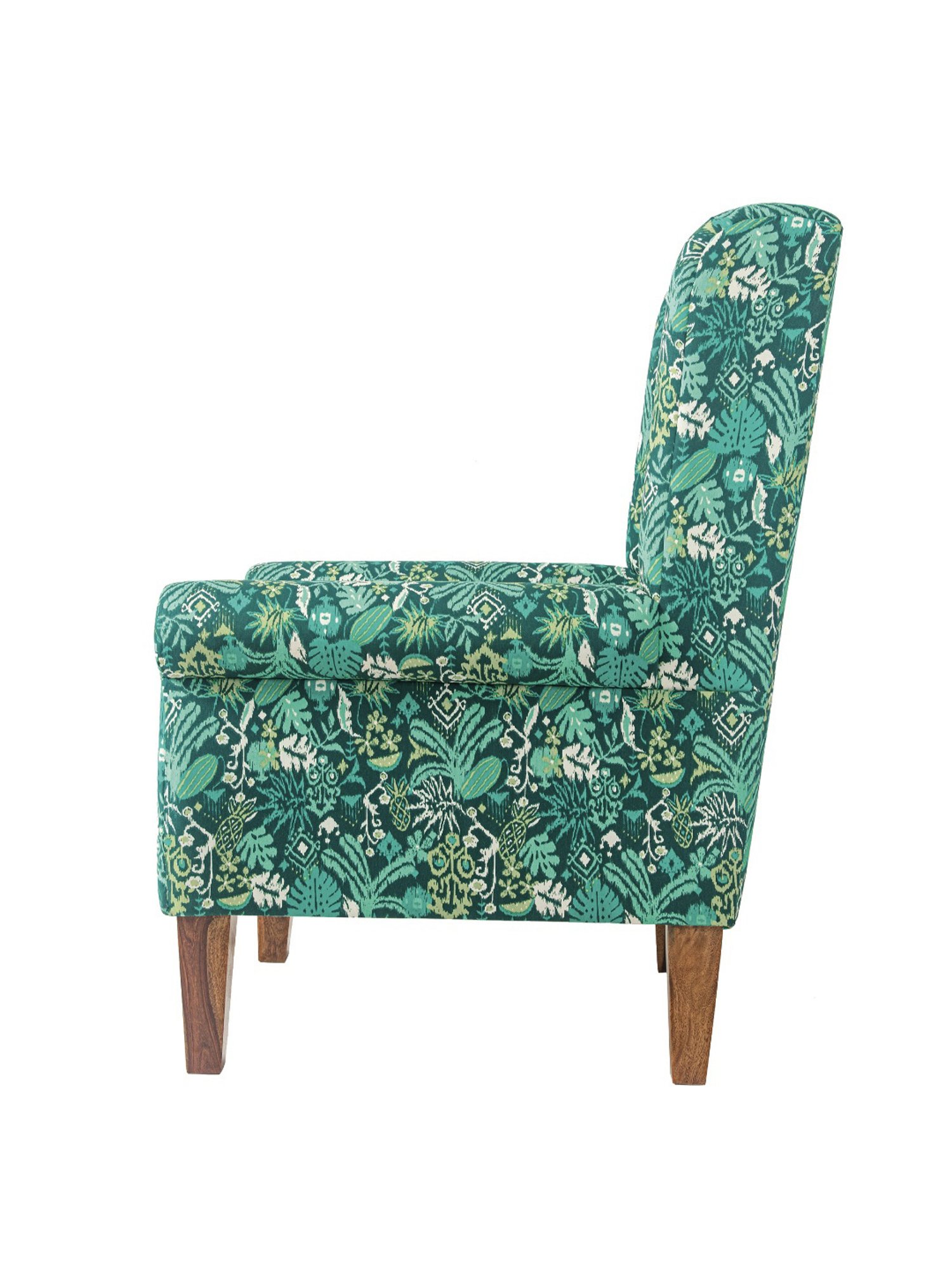 Chumbak Tropical Ikkat Floral Green Sheesham Wood Begum Wing Chair