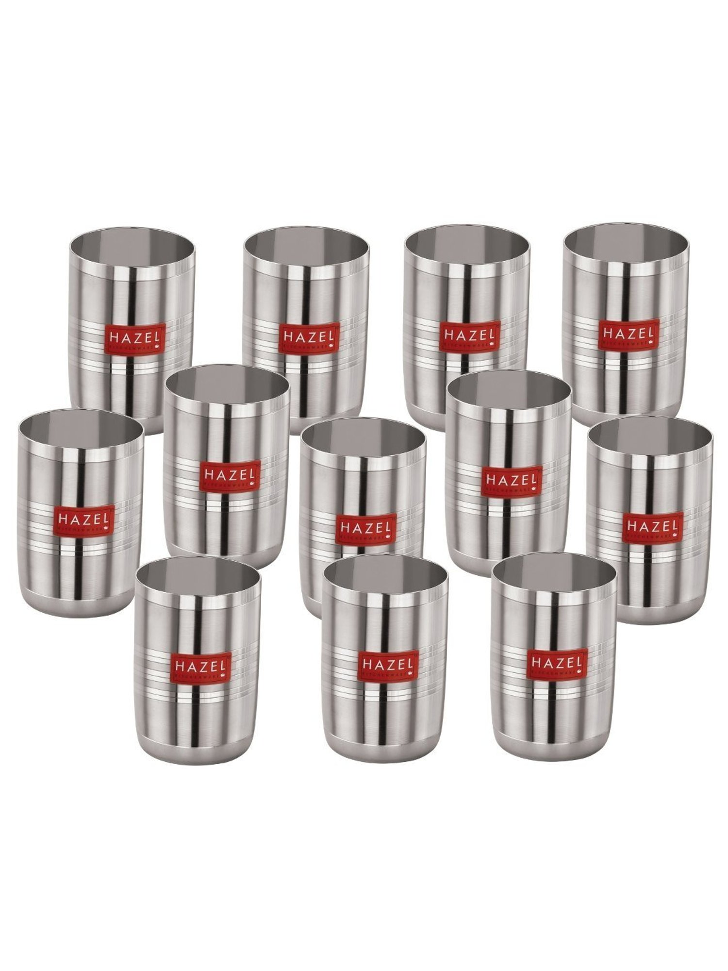 HAZEL Silver Stainless Steel Drinking Water Glasses - Set of 12 (350ml)