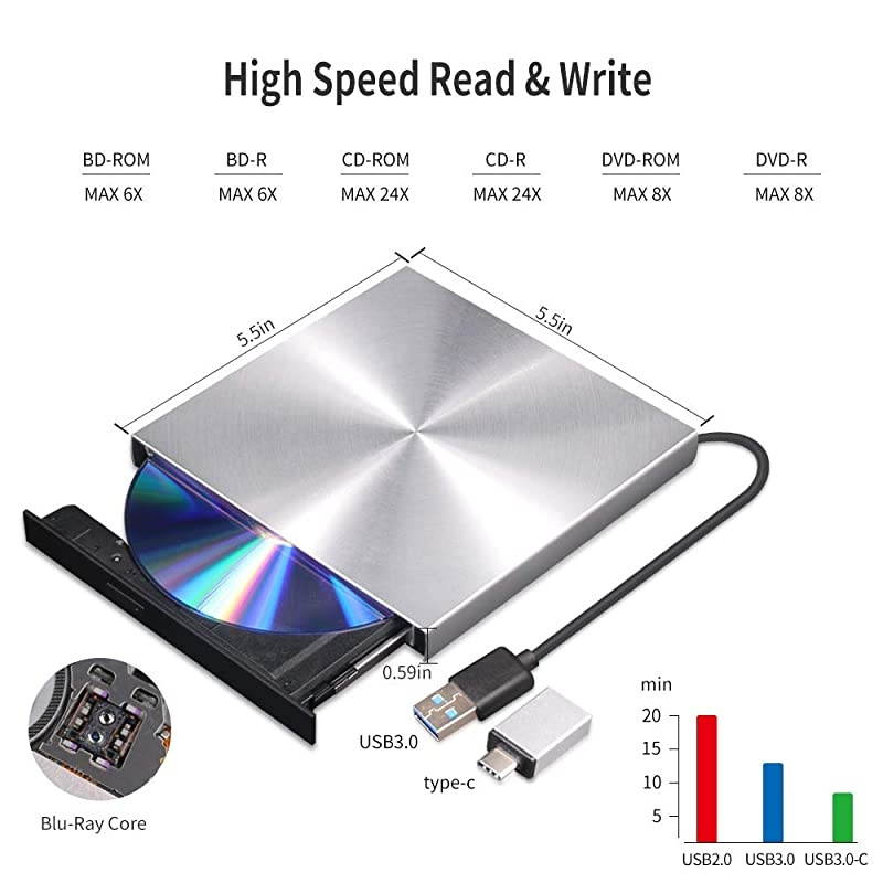 Blu Ray External 3D Drive Reader,  USB C 3.0 and Type-C External Drive Bluray Optical CD DVD Drive for MacBook Windows Laptop Desktop PC Laptop