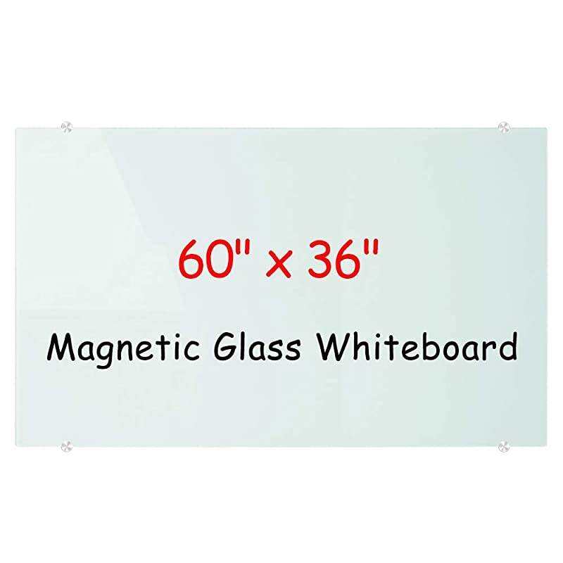 Glass Dry Erase White Board, Frameless Glass Whiteboard on wall, Large Frosted white surface, 60 x 36 Inch (150 x 90 cm), Including 4 markers, 2 Magnets, 1 Eraser