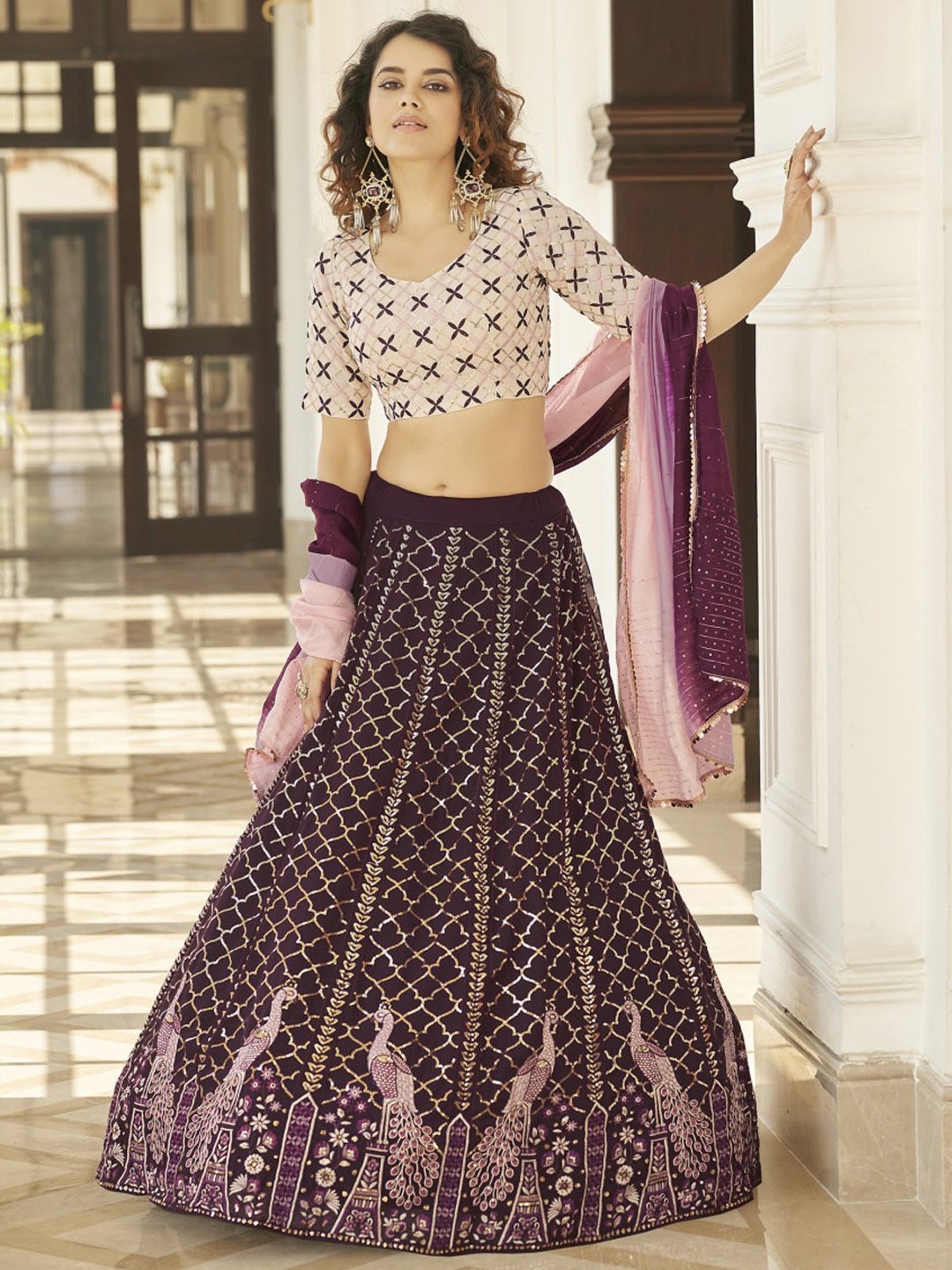SHUBHKALA Purple & Cream Embellished Lehenga and Choli Set With Dupatta