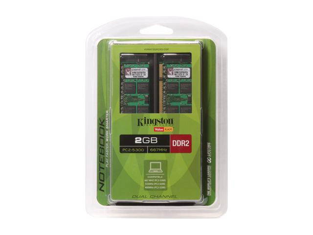 Kingston 2GB (2 x 1GB) 200-Pin DDR2 SO-DIMM DDR2 667 (PC2 5300) Dual Channel Kit Laptop Memory Model KVR667D2K2SO/2GR