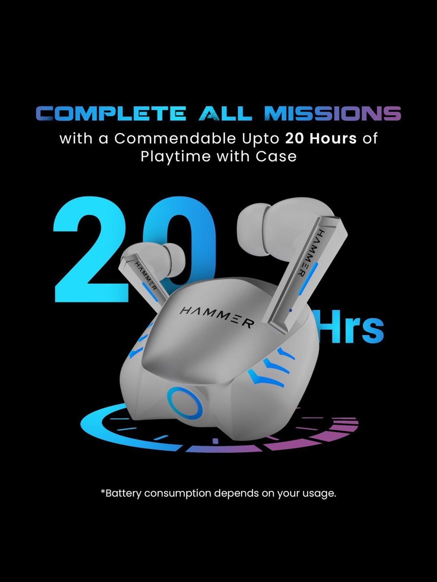 Hammer Arcade in-Ear Earbuds with RGB Lights,50ms Low Latency, 20H Playtime(White, True Wireless)