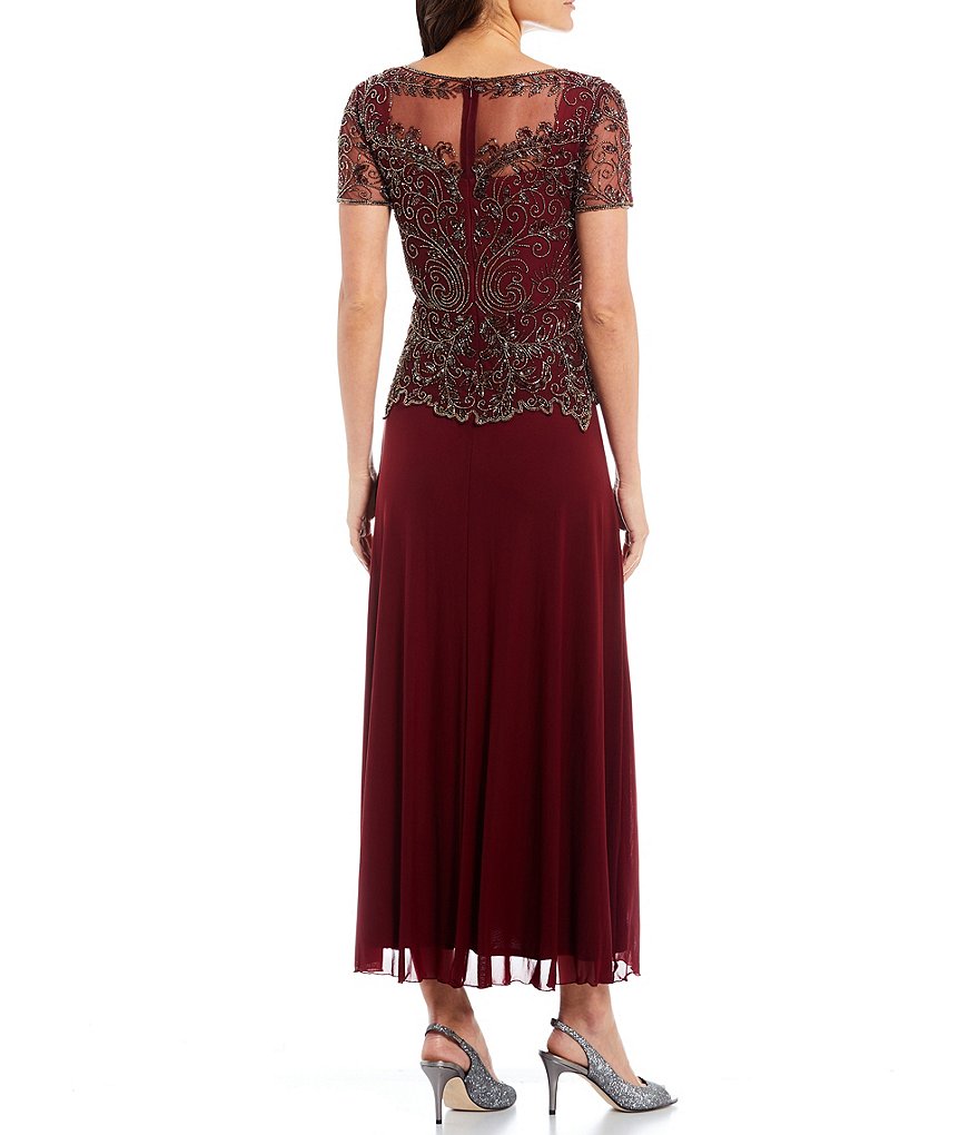 Pisarro Nights Petite Size Beaded Bodice Illusion Boat Neck Short Sleeve Gown