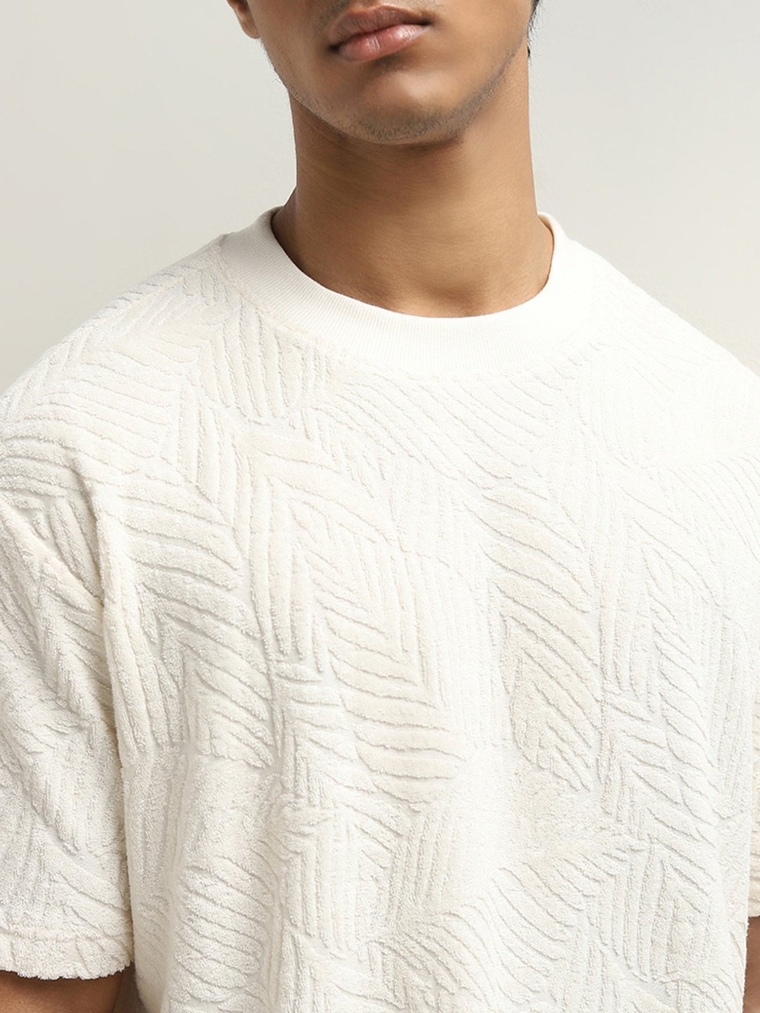 ETA by Westside Off-White Self-Textured Relaxed-Fit Cotton T-Shirt