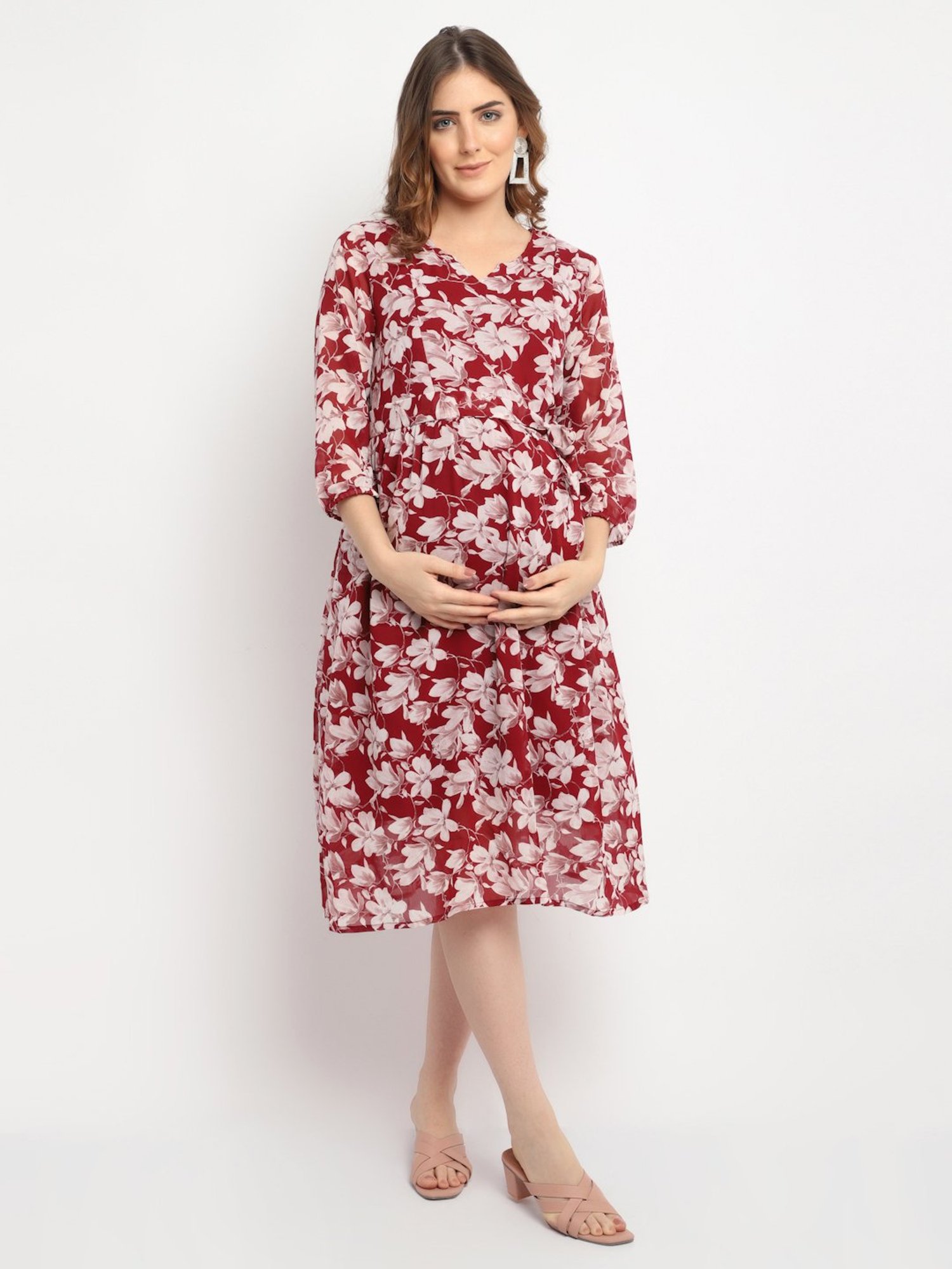 Moms Maternity Maroon Printed Dress