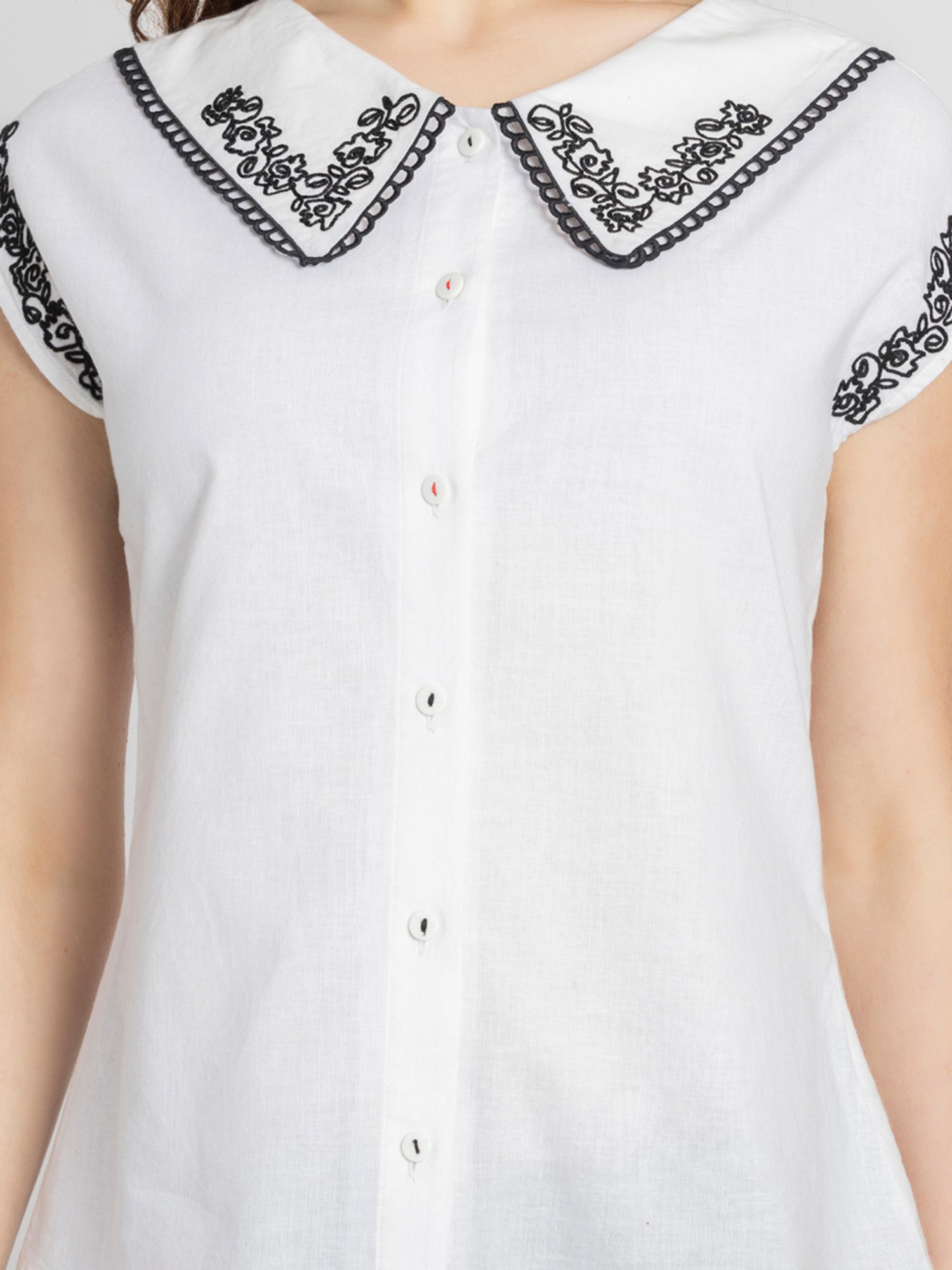 SHAYE White & Black Cotton Embroidered Top