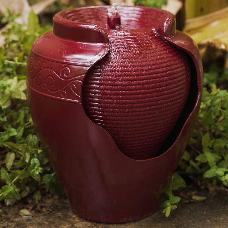 17" Indoor/Outdoor Round Vase Waterfall Fountain with Ridges Red - XBrand