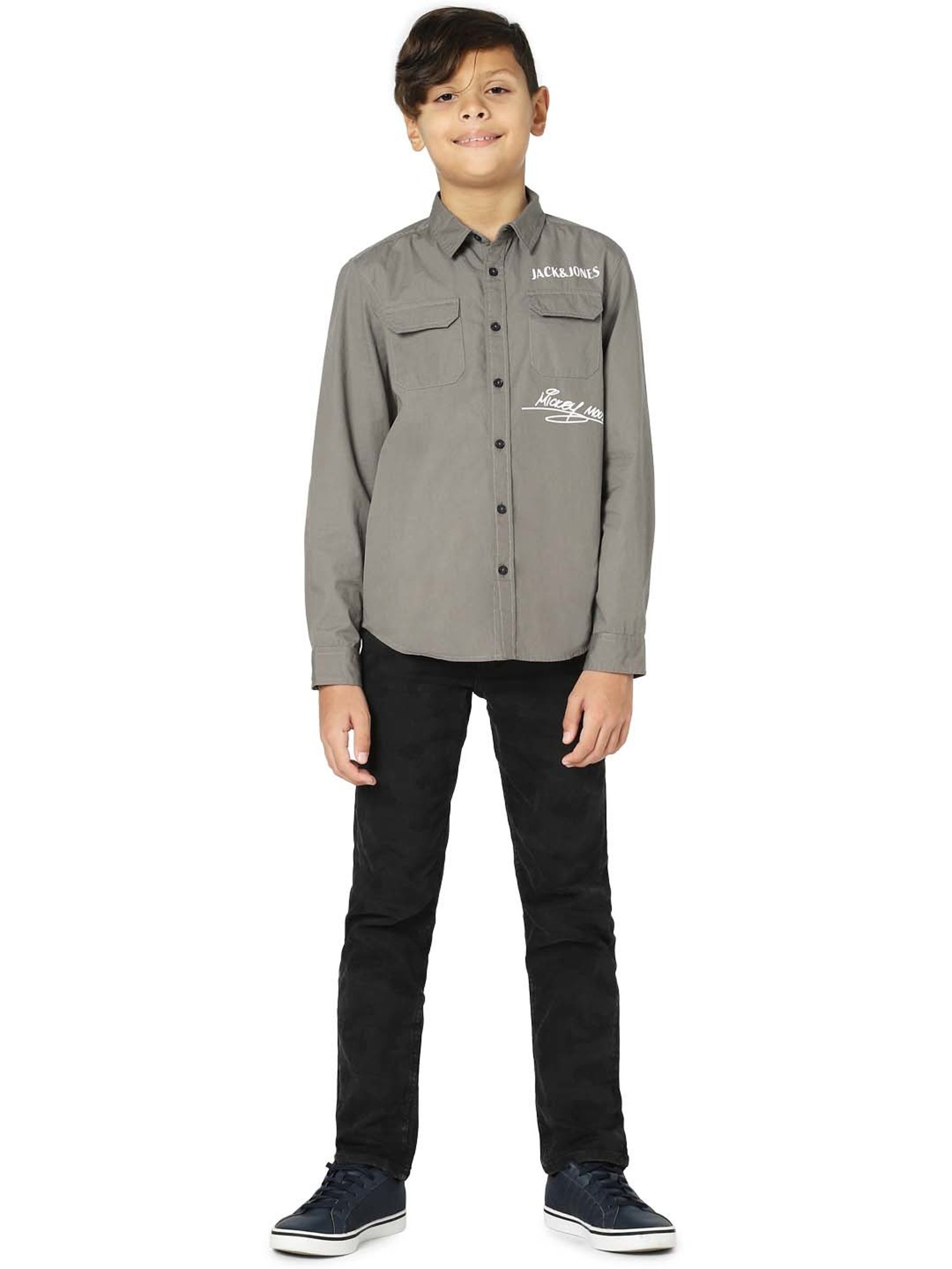 Jack & Jones Junior Charcoal Grey Cotton Printed Full Sleeves Shirt