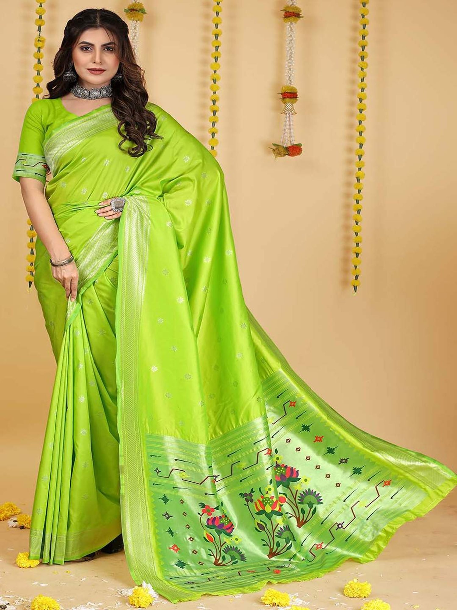 SHUBHKALA Green Silk Woven Saree With Unstitched Blouse