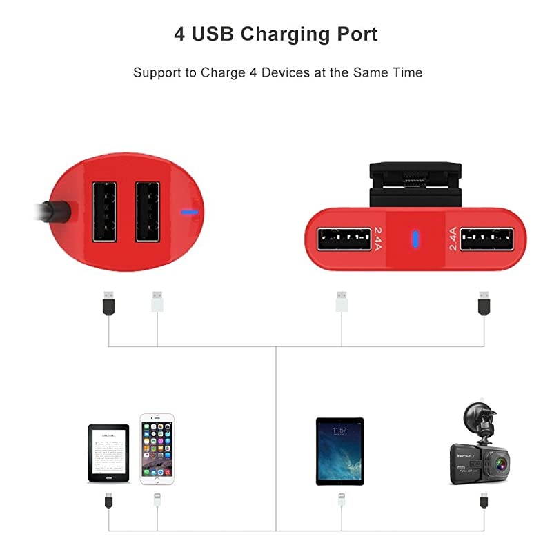 Car Charger USB 4 Ports 48W 96A with Builtin Fuse Designed for Front and Back Seat Quick Charge Smart Identification for iPhone iPad Galaxy Note Nexus HTC