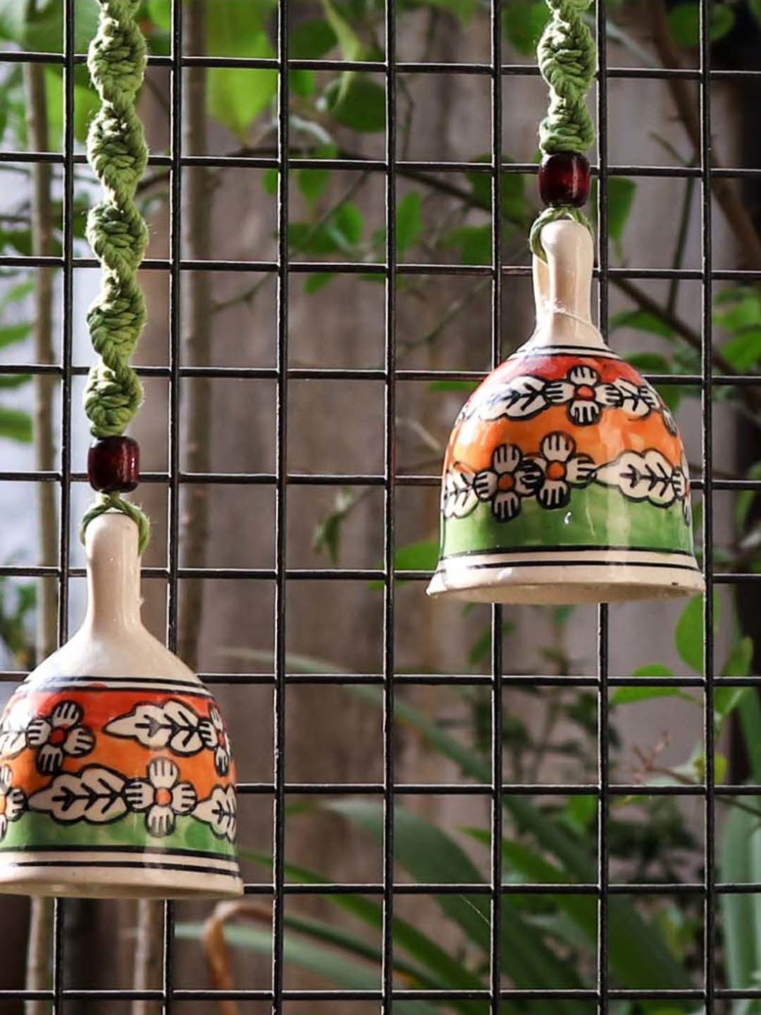 Gathari Green Ceramic Wall Hanging Macrame Bells - Set of 2